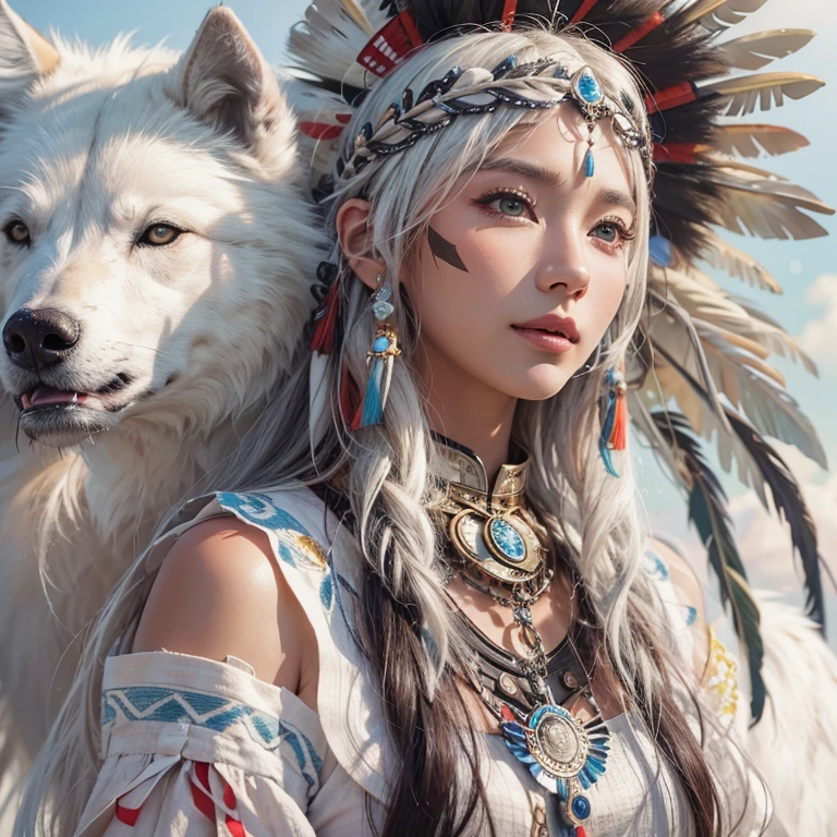Shirakami-Sanchi、Hair flow、 ((highest quality、masterpiece、8k、Best image quality、Ultra-high resolution、Award-winning works)、(Accurate anatomy:1.1)、(Look at me and smile:1.1)、Shining fair skin with Ultra-high resolution、The most detailed face、Ultra-high resolution detailed face、Ultra-high resolutionの髪の毛、(Ultra-high resolutionの煌めく瞳:1.1)、Beautiful face drawn in every detail、(Blurred Background:1.1)、Native American white costume, American Indian Clothing, Chest to chest, tattoo、A real giant condor next to you。White wolf watching