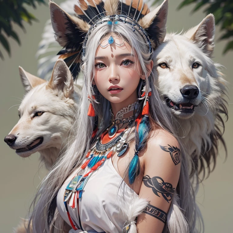 Shirakami-Sanchi、Hair flow、 ((highest quality、masterpiece、8k、Best image quality、Ultra-high resolution、Award-winning works)、(Accurate anatomy:1.1)、(Look at me and smile:1.1)、Shining fair skin with Ultra-high resolution、The most detailed face、Ultra-high resolution detailed face、Ultra-high resolutionの髪の毛、(Ultra-high resolutionの煌めく瞳:1.1)、Beautiful face drawn in every detail、(Blurred Background:1.1)、Native American white costume, American Indian Clothing, Chest to chest, tattoo、A real giant condor next to you。White wolf watching