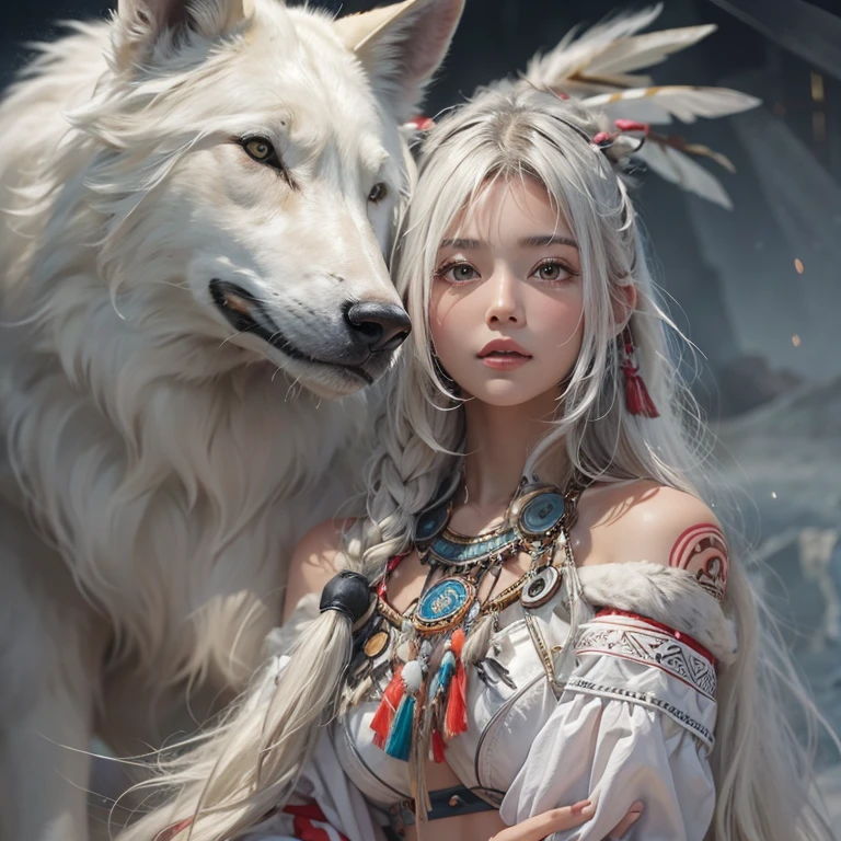 Shirakami-Sanchi、Hair flow、 ((highest quality、masterpiece、8k、Best image quality、Ultra-high resolution、Award-winning works)、(Accurate anatomy:1.1)、(Look at me and smile:1.1)、Shining fair skin with Ultra-high resolution、The most detailed face、Ultra-high resolution detailed face、Ultra-high resolutionの髪の毛、(Ultra-high resolutionの煌めく瞳:1.1)、Beautiful face drawn in every detail、(Blurred Background:1.1)、Native American white costume, American Indian Clothing, Chest to chest, tattoo、A real giant condor next to you。White wolf watching