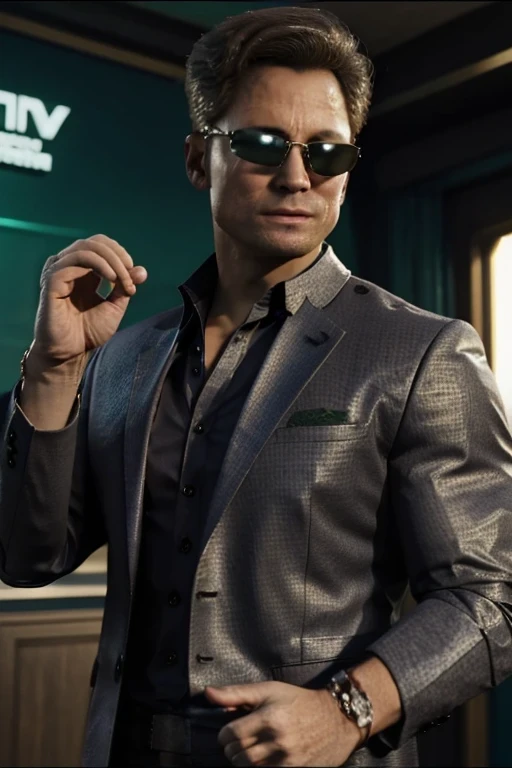 (Johnny Cage), cocky smirk, sunglasses, Mortal Kombat, Character Design, dynamic lighting, cool and bright colors, green suit jacket, open jacket, black dress suit