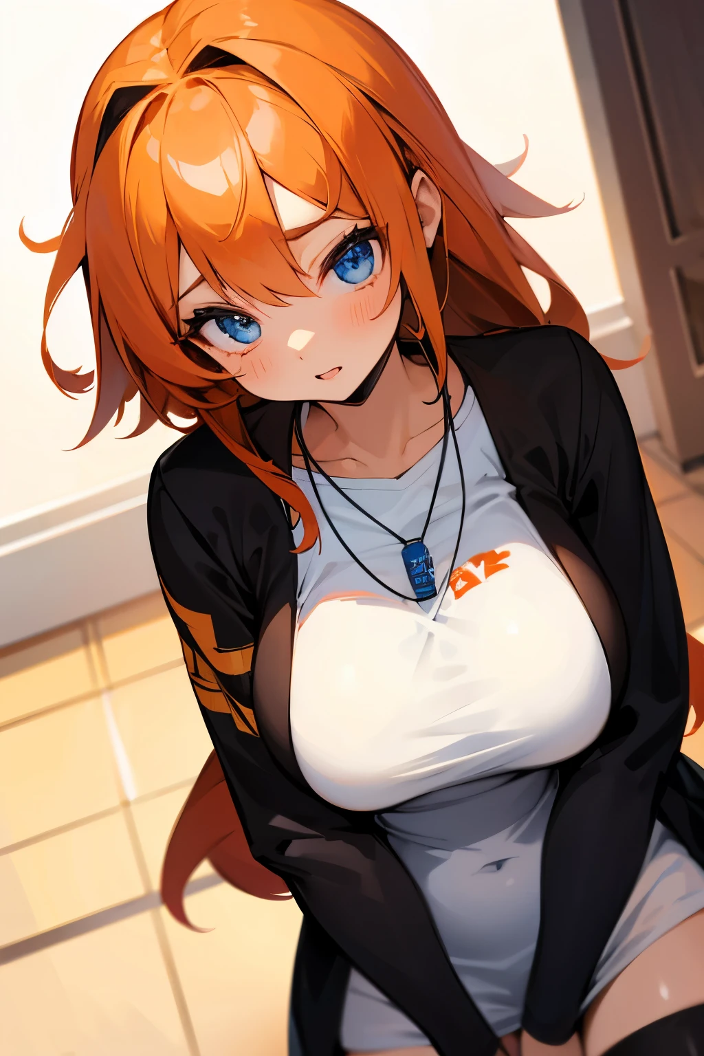 Girl, orange hair, blue eyes, necklace, big breasts, black clothes