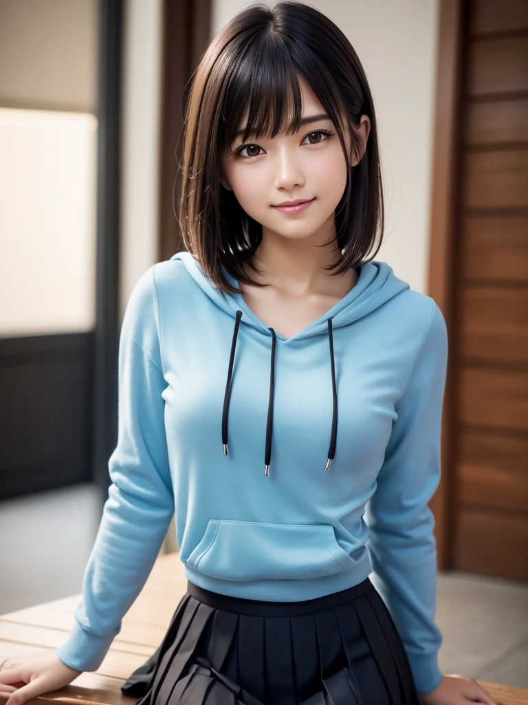 (8k, RAW Photos, highest quality, Tabletop:1.2), (Realistic, Photorealistic:1.4), (Highly detailed 8k wallpaper), Sharp focus, Depth of written boundary, Blur the background, Bokeh, Cinema Lighting, Soft Light, whole body, 1 girl,18 years old famous Japanese idol, Perfect female body, indoor, (Light blue hoodie and black micro mini pleated skirt : 1.3), (Long, slender legs), (smile), Glossy lips, Beautiful fine details,Natural Makeup, Shiny and smooth light brown long bob hair, Asymmetrical bangs, Shiny skin, Center image, High resolution, Attention to detail, Detailed hairstyle, Detailed face, 素晴らしいCinema Lighting, Octane Rendering, Vibrant, Ultra-realistic, Perfect limbs, Perfect Anatomy