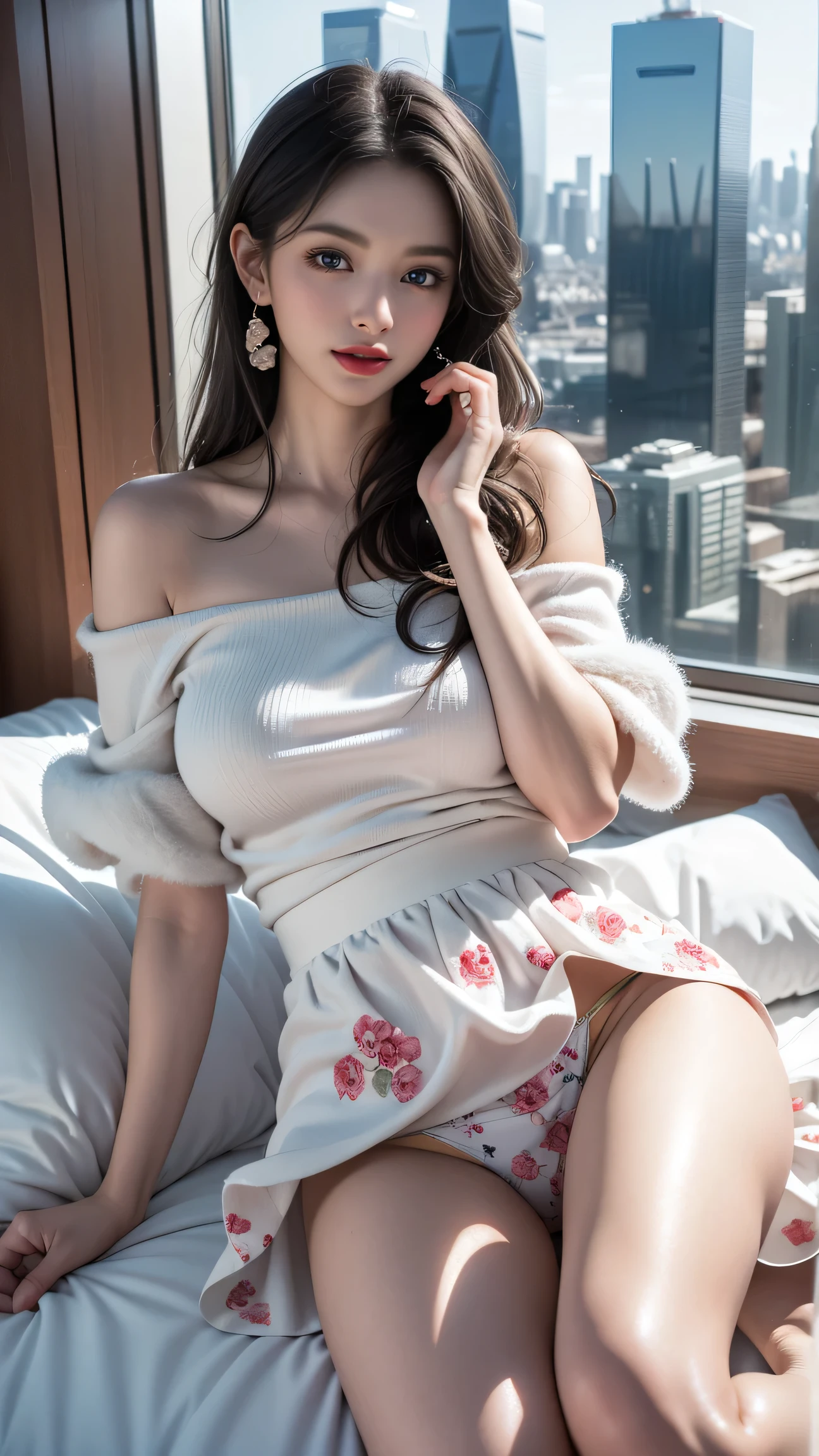 photorealistic, masterpiece, high resolution, soft light, mature female, silver hair, blue eyes, hips up, maid costume, jewelry, （Girl lying on bed)、Beauty、 One Girl、alone、Long Hair、Viewer、smile、blue eyes、hair ornaments、、gem、Gray Hair、Shut your mouth、Blunt banganicure、bracelet、lips、Grey Eyes、Portraiture、Red nails、close、Red lips、Put your hands on your face、Place your hand on your cheek、()、(Shiny skin)、((Skyscrapers are hazy outside the window))、(Off-shoulder white dress with floral pattern),),((Girl with her legs slightly apart)),(Leg spread),((White panties are visible)),（Lift-up skirt)、