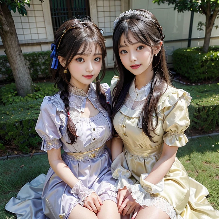 photo realistic, medium wide shot, photo of over the knees, a Japanese pretty girl, pretty face, happy, smile, double teeth, eye contact, 14-year-old, double braid, small breasts, flat chest, wearing a gold satin dress, pretty dress with many frills and laces,  Lace Ruffle Gathered Blouse 
,A large lace ruffle that spreads softly
Colors, the area around the face
In the center of the eye-catching ribbon,
Make it more gorgeous with a heart bijou button ,Lace cuffs and stand collar
,It gives a crisp impression