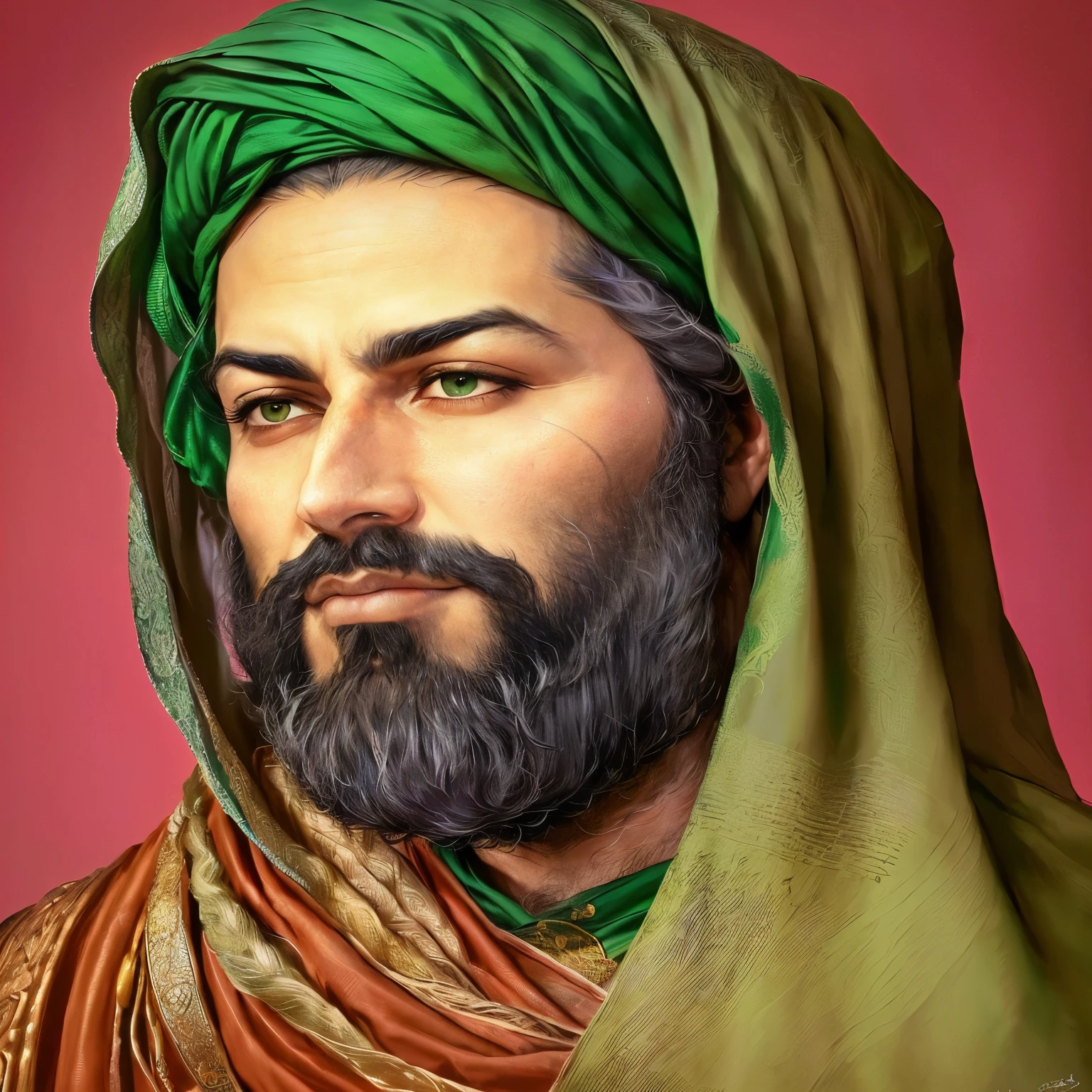 arafed man with a beard and a green turban, inspired by Sheikh Hamdullah, inspired by Abdullah Gërguri, inspired by Abdur Rahman Chughtai, inspired by Kamāl ud-Dīn Behzād, inspired by Osman Hamdi Bey, islamic revolution, arab man light beard, shabab alizadeh