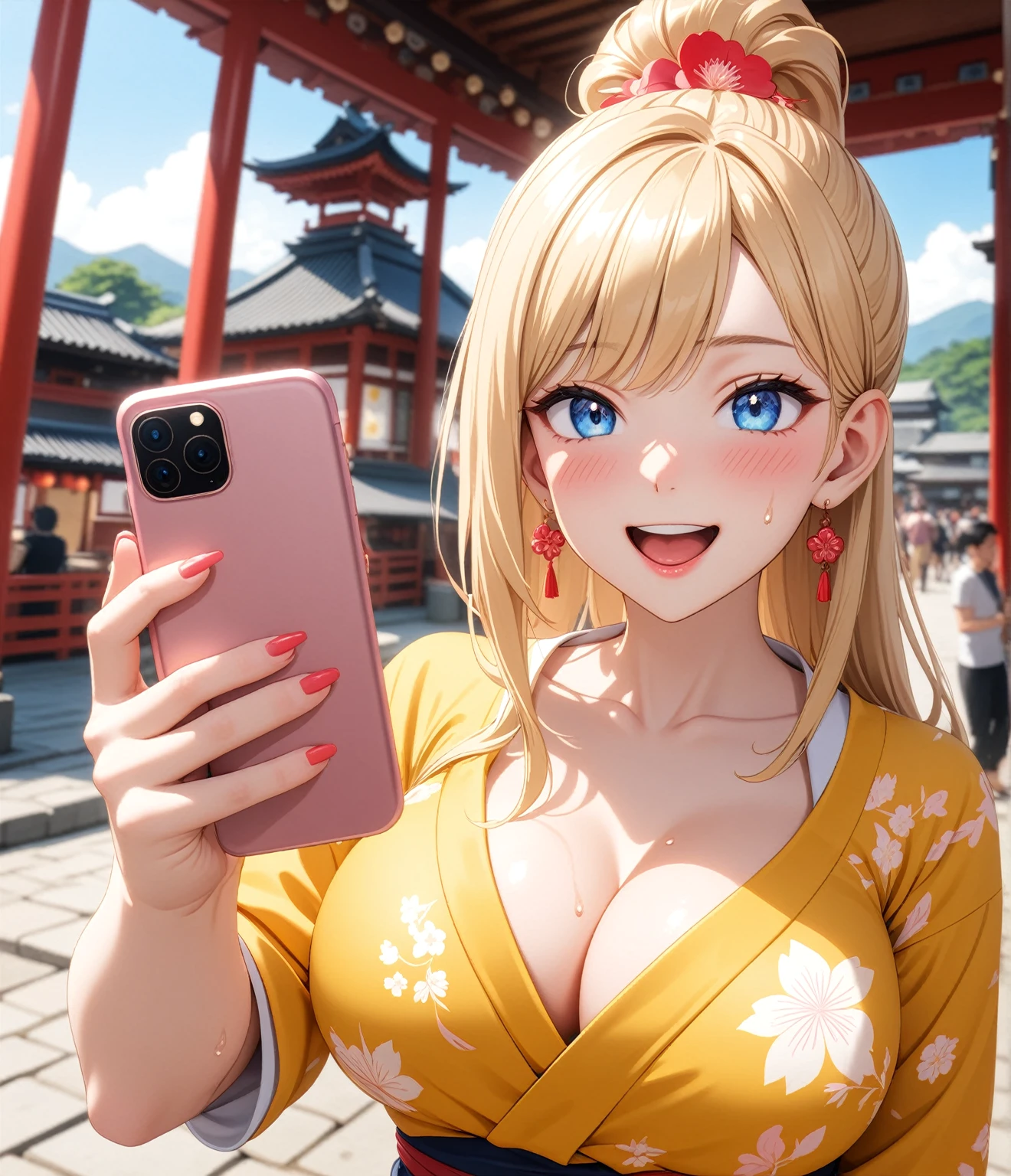 ((One woman)), Beautiful Face,Laughing embarrassedly,Laugh with a big mouth,(Taking a selfie with your boyfriend using your smartphone),Become bright red,Sweat on the face,Glossy pink lips,Daytime,Shrine Festivals, ((Anime style background)),masterpiece, highest quality, so beautiful, up to date, Complex details, (Pink long nails),AI-generated, Complex,High resolution, highest quality, super high quality,3D Images、View the viewers、3D Images,one person,Long Blonde Hair,High Ponytail,blue eyes,Anime woman posing for a photo, [[Fine grain、Colorful eyes、Shining Eyes:1.15]],(Squint your eyes:1.1),a hyperRealistic , hyperRealistic , Realistic,Blonde anime woman with long hair, Smooth anime CG art, A woman in a gold embroidered kimono, (Yellow kimono),Pink floral pattern,Long flower hair ornament,Big earrings,(Large Breasts:1.2),Mature Body,tall,Big Ass,Fine details,Narrow waist,Six-pack,Photographed from diagonally above,looking at the camera