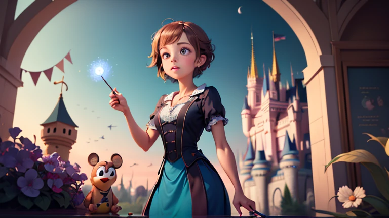 A girl doing magic with her stick Disney pixar Movie style