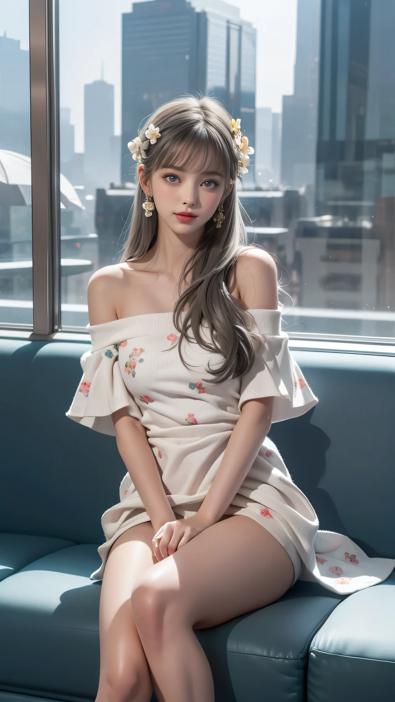 （Girl sitting on sofa in office)、Beauty、 One Girl、alone、Long Hair、Viewer、smile、blue eyes、hair ornaments、、gem、Gray Hair、Shut your mouth、Blunt banganicure、bracelet、lips、Grey Eyes、Portraiture、Red nails、close、Red lips、Put your hands on your face、Place your hand on your cheek、()、(Shiny skin)、((Skyscrapers are hazy outside the window))、(Off-shoulder white dress with floral pattern),),((Girl with her legs slightly apart)),(Leg spread),((White panties are visible)),（Lift-up skirt)、