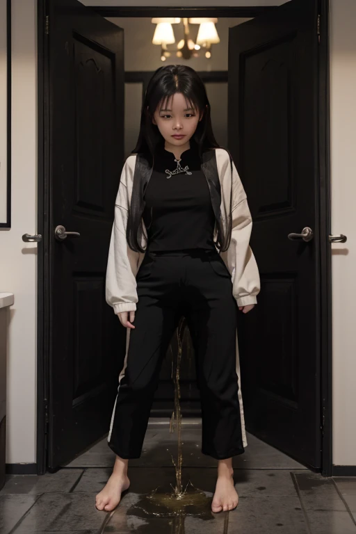 Vietnamese Girl sees the ghost and pees her black ao dai pants until her pants are wet in fright.