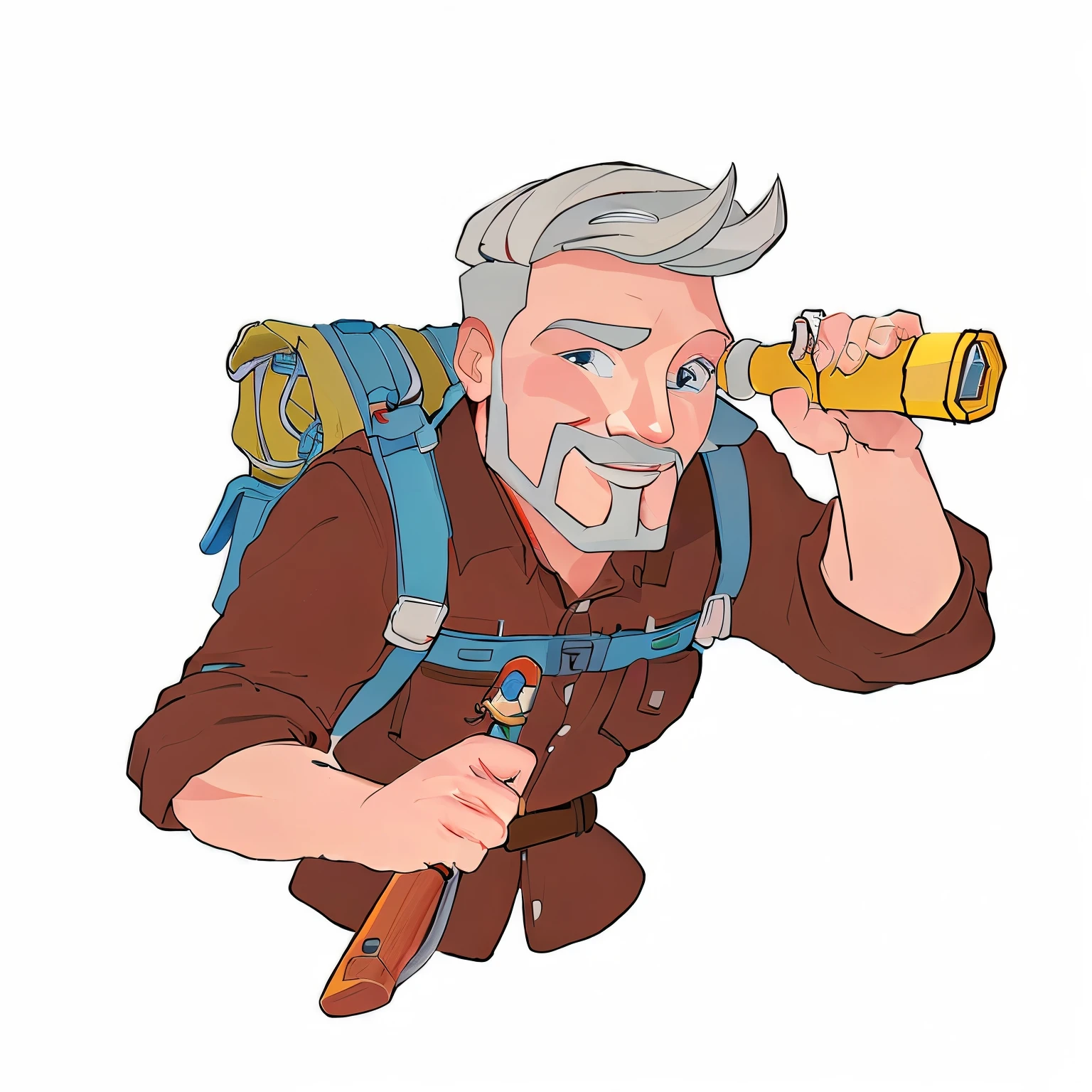 Cartoon，man，Simple color matching，No background，Carry an adventure backpack，High resolution，A hand holding a telescope, The other hand holds a dagger，high quality，Explorer, adventurer, role play_portrait, role conception，