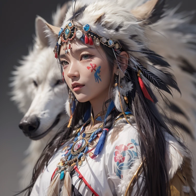 At the Grand Canyon、Hair flow、 ((highest quality、masterpiece、8k、Best image quality、Ultra-high resolution、Award-winning works)、(Accurate anatomy:1.1)、(Look at me and smile:1.1)、Shining fair skin with Ultra-high resolution、The most detailed face、Ultra-high resolution detailed face、Ultra-high resolutionの髪の毛、(Ultra-high resolutionの煌めく瞳:1.1)、Beautiful face drawn in every detail、(Blurred Background:1.1)、Native American Costume, American Indian Clothing, Chest to chest, tattoo、A real giant condor next to you。The wolf is watching