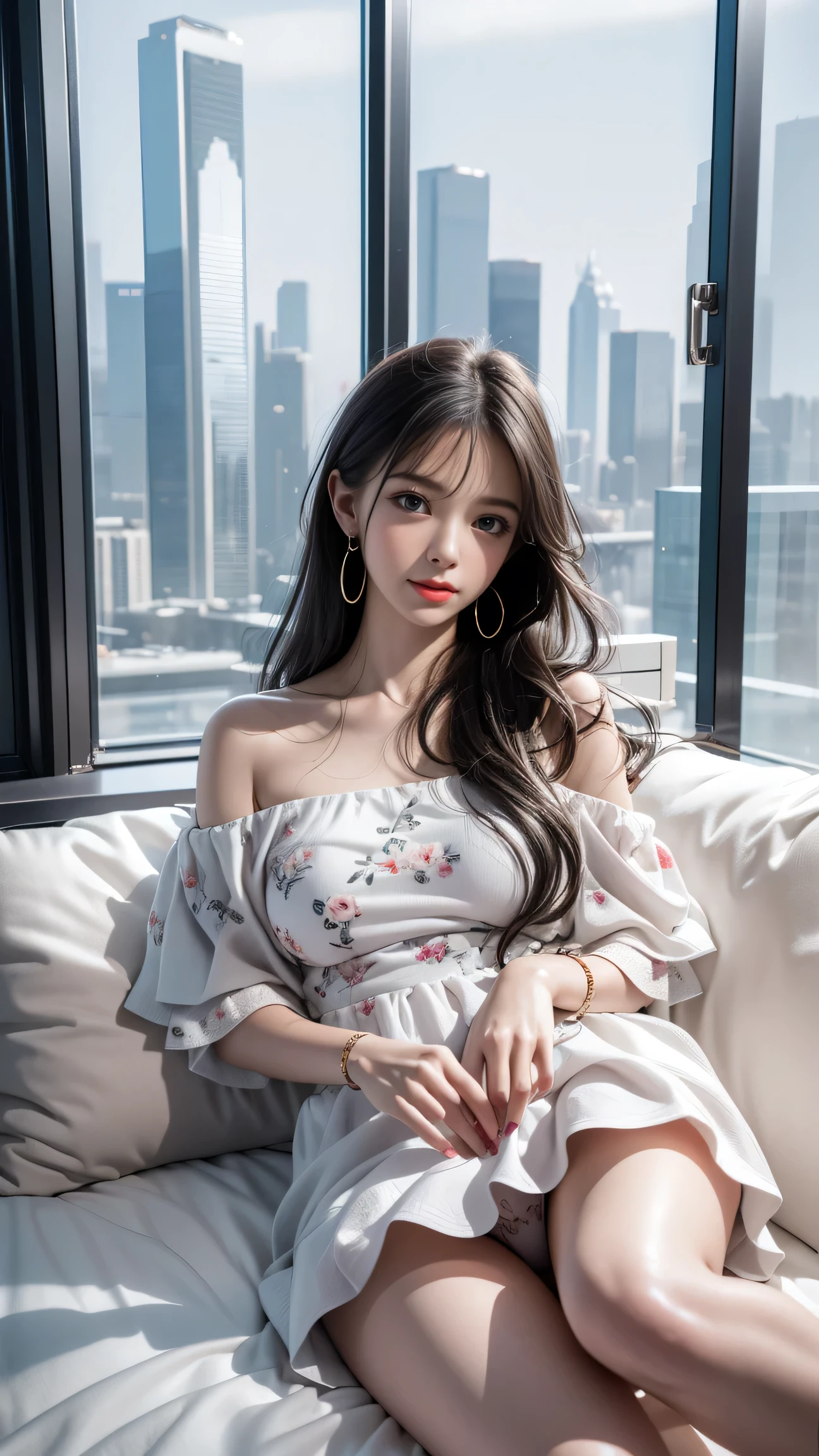 （Girl lying on bed)、Beauty、 One Girl、alone、Long Hair、Viewer、smile、blue eyes、hair ornaments、、gem、Gray Hair、Shut your mouth、Blunt bangs、Manicure、bracelet、lips、Grey Eyes、Portraiture、Red nails、close、Red lips、Put your hands on your face、Place your hand on your cheek、()、(Shiny skin)、((Skyscrapers are hazy outside the window))、(Off-shoulder white dress with floral pattern),),((Girl with her legs slightly apart)),(Leg spread),((White  are visible)),（Lift-up skirt)、(A perfect, balanced body),(Slim lower body and long legs),