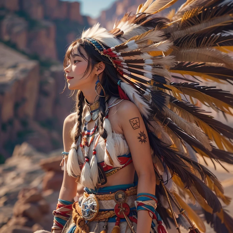 At the Grand Canyon、Hair flow、 ((highest quality、masterpiece、8k、Best image quality、Ultra-high resolution、Award-winning works)、(Accurate anatomy:1.1)、(Look at me and smile:1.1)、Shining fair skin with Ultra-high resolution、The most detailed face、Ultra-high resolution detailed face、Ultra-high resolutionの髪の毛、(Ultra-high resolutionの煌めく瞳:1.1)、Beautiful face drawn in every detail、(Blurred Background:1.1)、Native American Costume, American Indian Clothing, Chest to chest, tattoo、A real giant condor next to you。