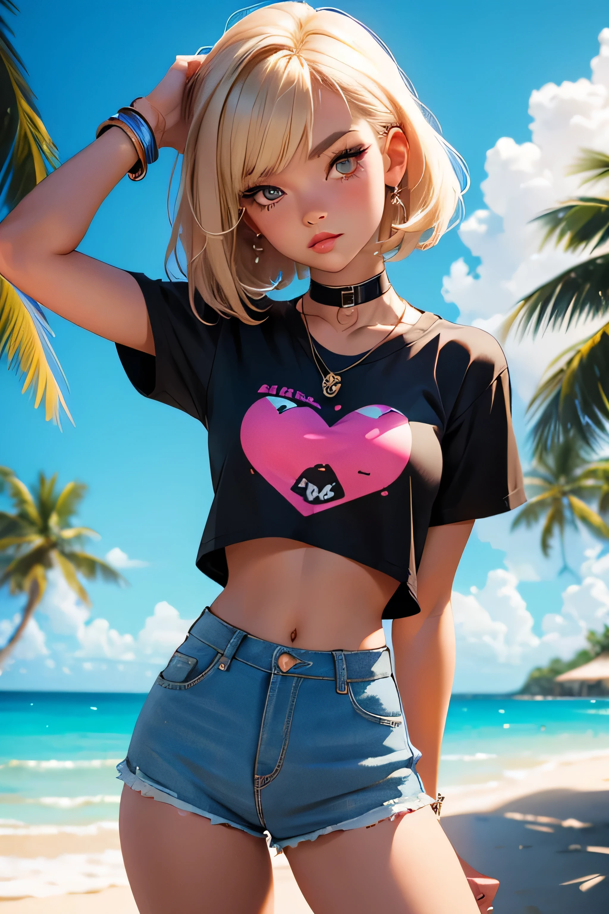 Teenage girl-model 18 years old, beautiful, blonde, bob hair, bangs, brown eyes, beautiful figure, girl wearing crop shirt and too short mini shorts, beautiful long legs, slave bracelets, slave choker, manicure, cute makeup, flirtatiously posing, hot summer, hot flirty, sexy posing, summer outfit, top quality, higest quality, pin-up style, retro 80s style, Daisy Dukes style, slave girl, Miami vibes,