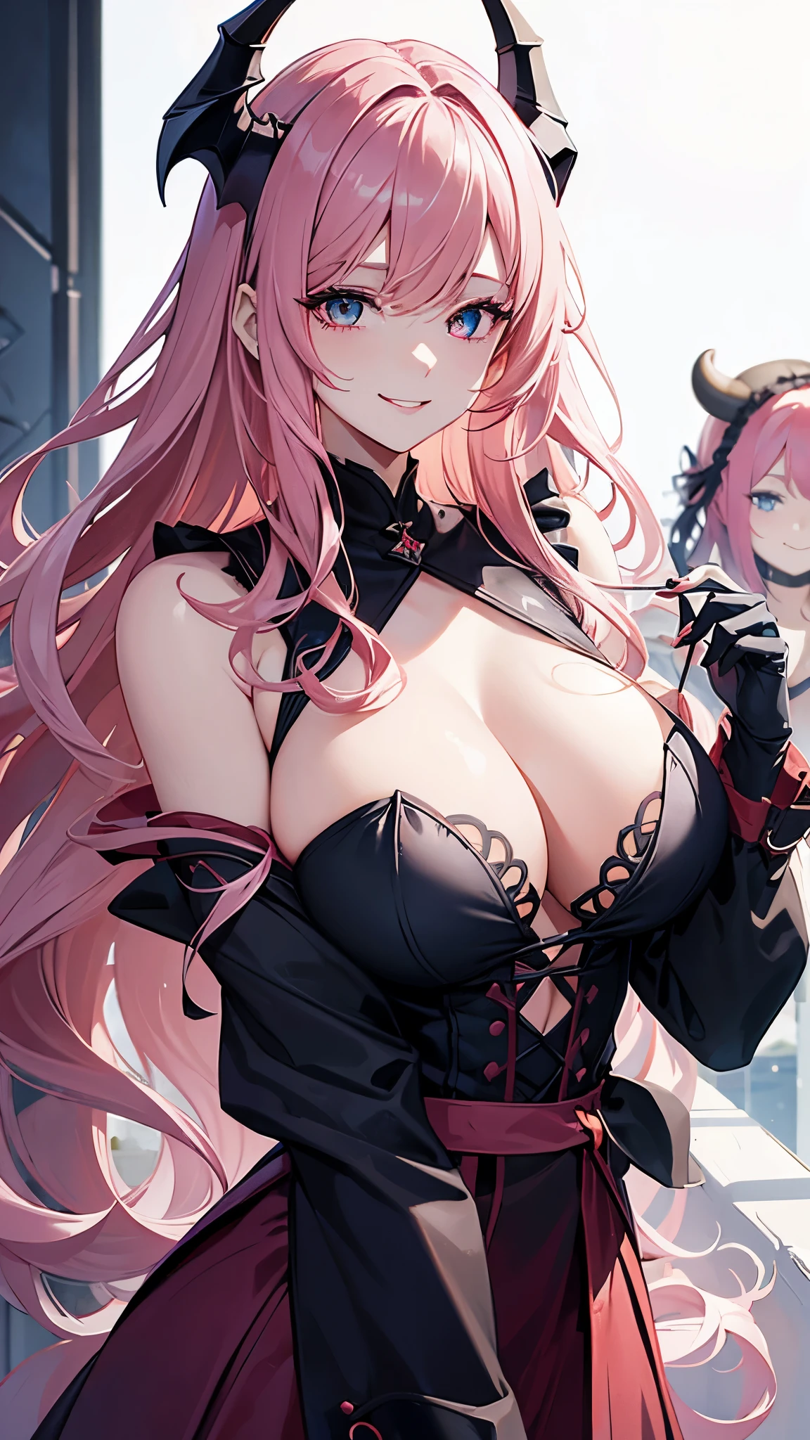 Very detailed. Cover magazine. Yuri couple. GL. One is a mature (vampire woman, demon horns, red eyes, long pink hair, wavy hair, Big breasts, older). One is a human girl (long white hair, blue eyes, no horn). Both of them love each other. The one with pink hair is older. Zoom in. Half body. Upper body. Smile