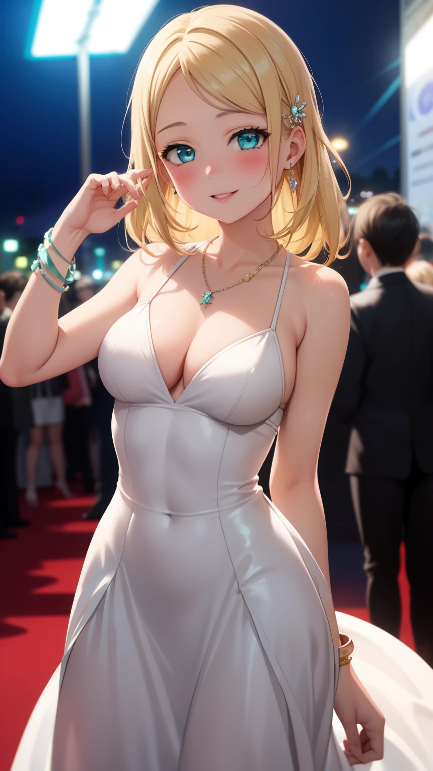 masterpiece, best quality, highly detailed, ultra high res, ayase arisa, 1girl, solo, hair ornament, long blonde hair, glossy lips, medium breasts, aqua eyes, blush, light smile, prom dress, night, neon lights, red carpet, crowd, necklace, jewelry, bracelet