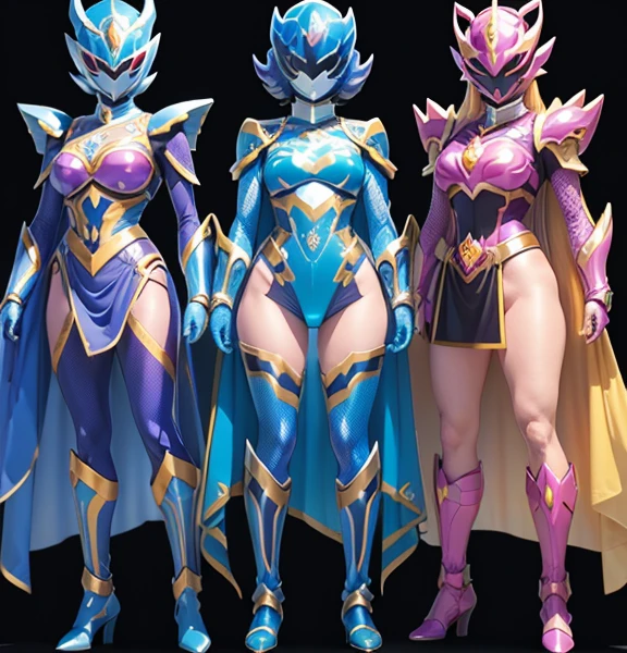 a group of four different colored superheroes standing next to each other, chiho aoshima color scheme, the secret seventh power ranger, knights of zodiac girl, bikini-armor, hybrid from dynasty warrior, new costume concept design, 80s color scheme, female superhero proportions , different full body view, power ranger, full body concept, in opal armor, nova