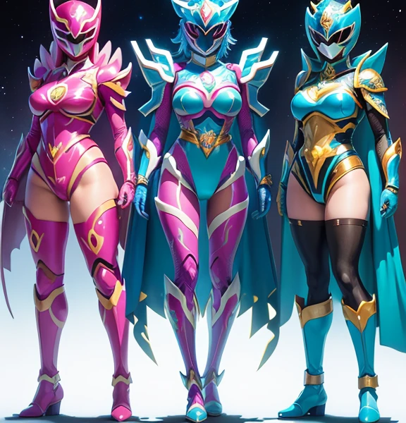 a group of four different colored superheroes standing next to each other, chiho aoshima color scheme, the secret seventh power ranger, knights of zodiac girl, bikini-armor, hybrid from dynasty warrior, new costume concept design, 80s color scheme, female superhero proportions , different full body view, power ranger, full body concept, in opal armor, nova