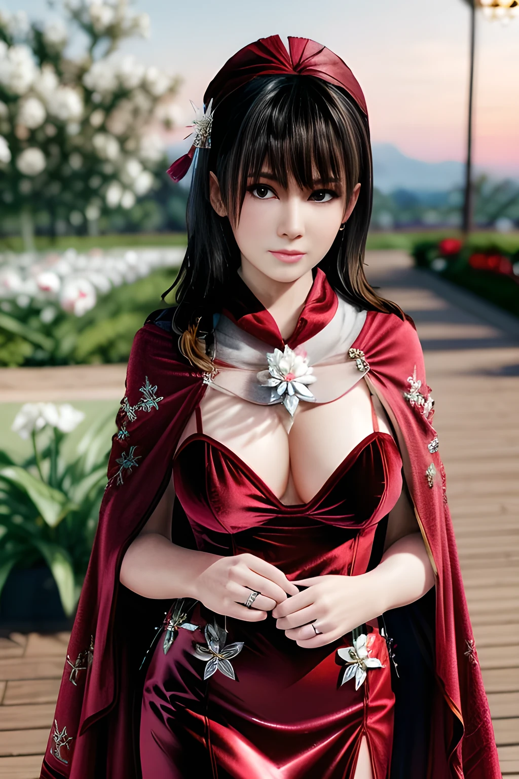 1girl,(RED theme: 1.2), (Velvet fabric Wedding dress: 1.2), (Ice flower cloak: 1.5), ,garden,moon,huge breasts,lactating,(lip gloss),(masterpiece), best quality, (real life portrait photography:1.5),unltra detailed,8K,Shot with a professional-grade camera like the Nikon D850,every intricate detail is captured, from the subtlest expression to the glimmer of anticipation in her eyes,,nanami