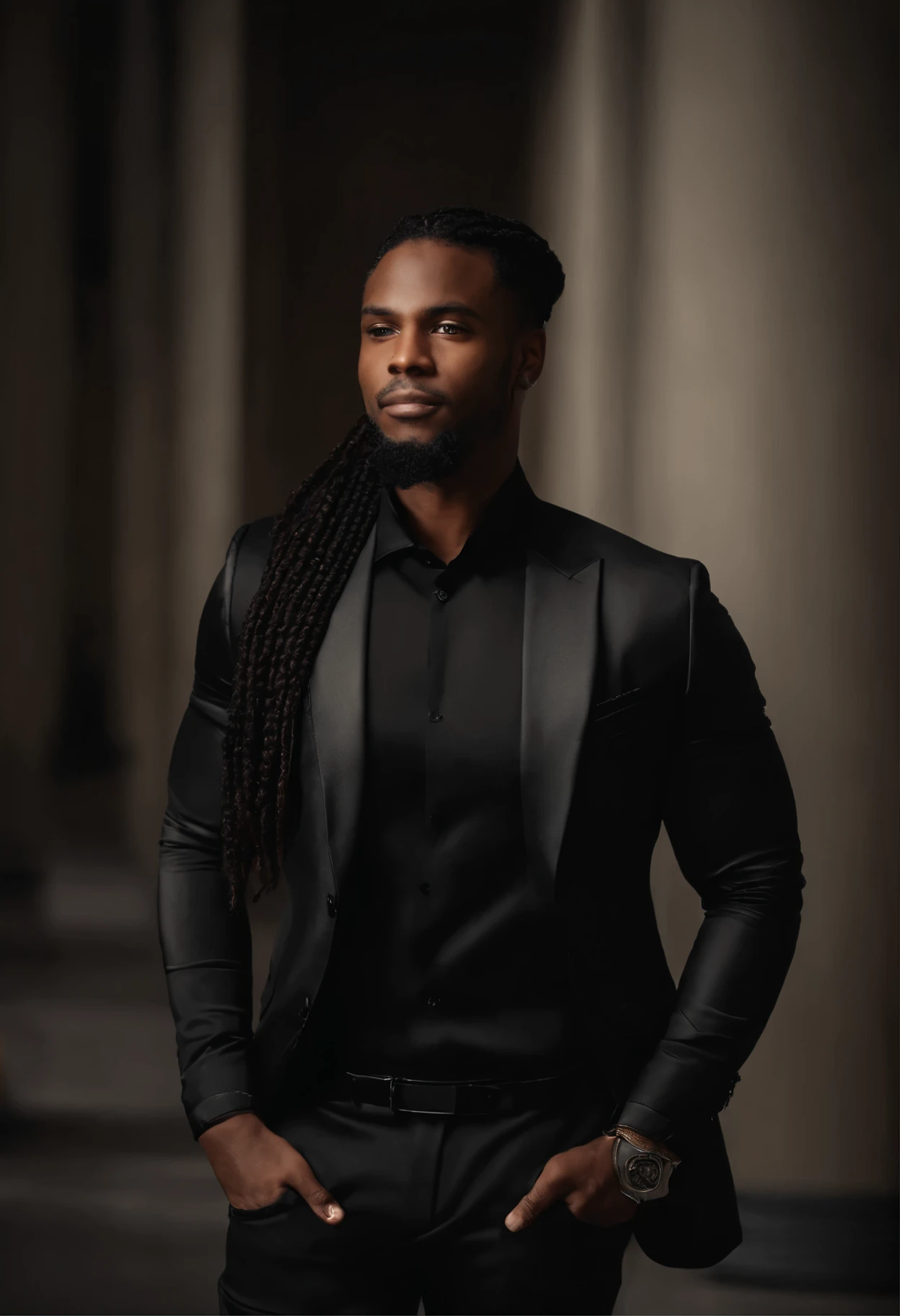 Homme jamaique  de 30 ans noir  , long dark hair with bleaching,coifure boxbraids com terno luxuoso, empresario,expression confiante,sharp jawline,peau vibrante,Souriant,beau visage,pose debout,Toile de fond de la ville,professional studio lighting,Realstic,une Ferrari, photoreallistic:1.37,Portraits,Couleurs vives,Ton froid,softlighting