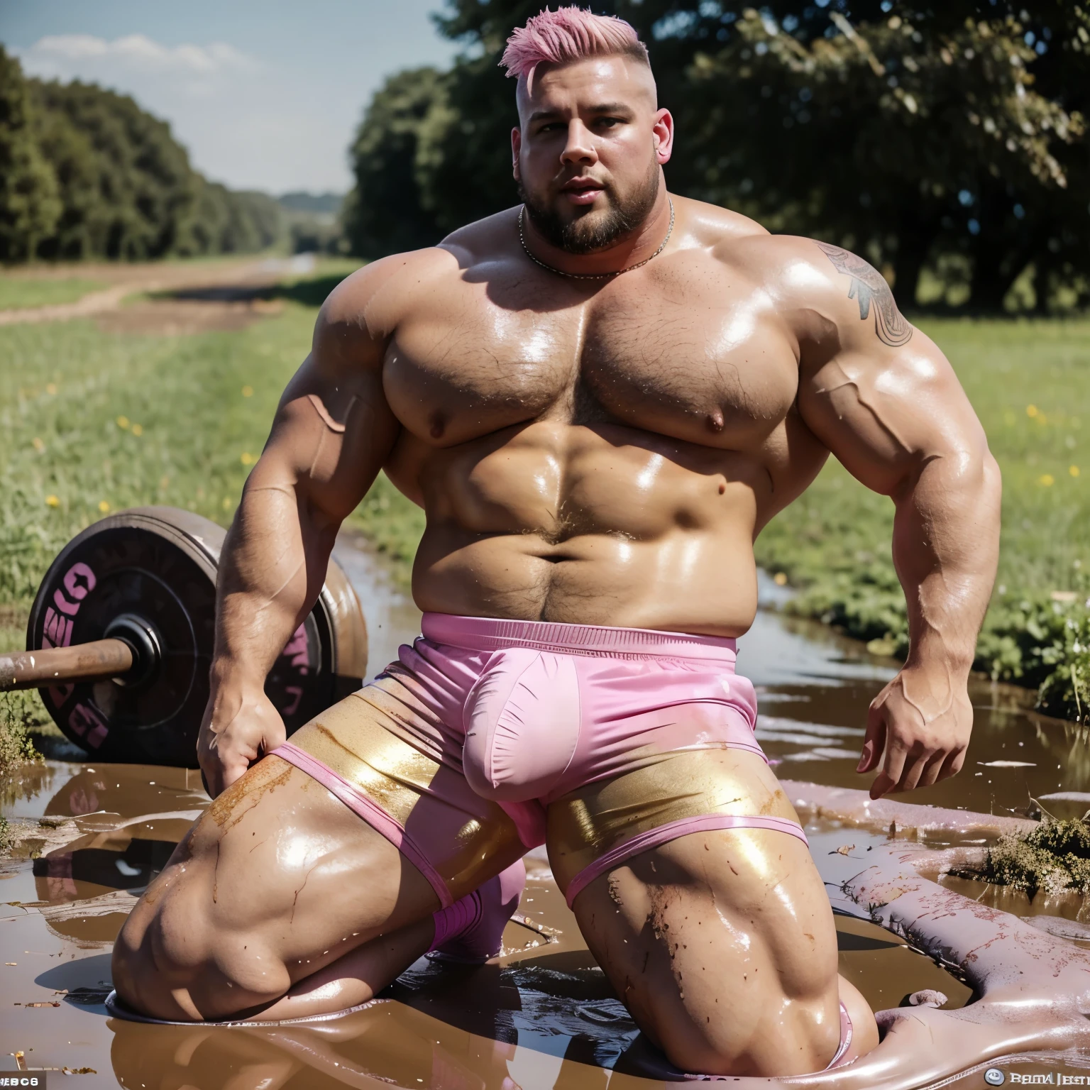 full body view, looking like a fat filthy bloated pig with his huge golden piercing ring at his bleeding nose, a huge over-muscular bodybuilded white dyed blond gay guy with undercut haircut, facial piercings, golden rings, pink lycra long tight shorts showing his heavy monstruoulsy inflated bulge, in pink filthy socks, showing off his pink filthy socks, no shoes, his over-inflated pecs that are monstruously huge , crying, sprawled out and rolling on the muddy ground, in countryside