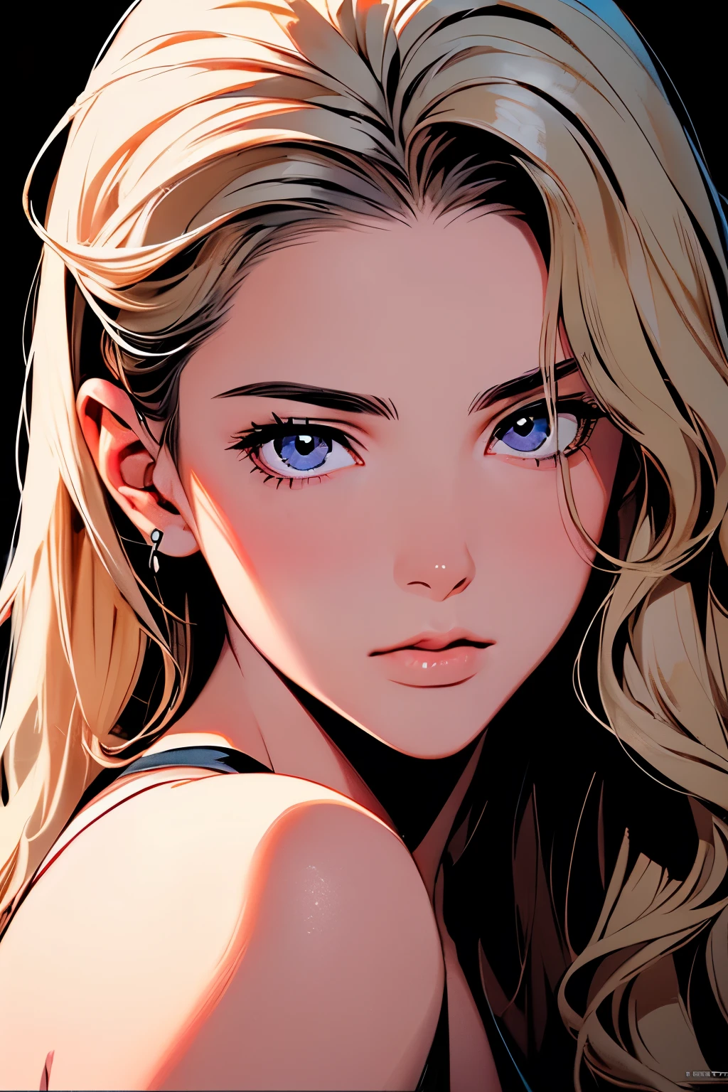 2d illustration, anime, a painting portrait in fine arts, in manhwa style, Bishamon from noragami, 1girl, blond long hair, big hair, curly hair, purple eyes, makeup, beautiful, high definition, masterpiece, best quality, high detail, high detailed eyes, grain filter, Detailed lips, high resolution, ultra-detalhado, retrato, mulher caucasiana, realista proportions, Anatomicamente preciso, bochechas rosadas; dark lighting, alta qualidade, premiado, high resolution, 8k,, summer, lascivo, film grain, Ilford HP5, 80mm