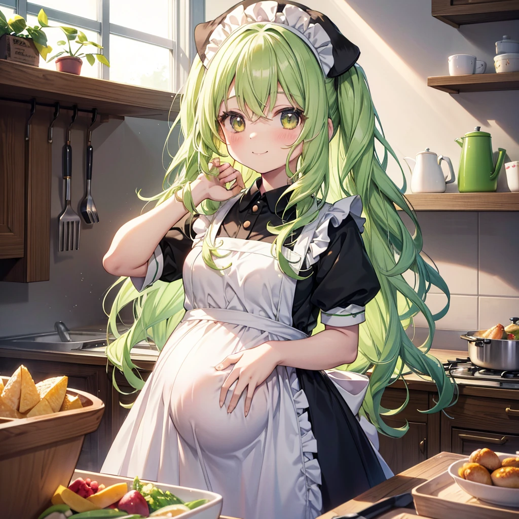 masterpiece, best quality, 1 girl, solo, kirlia, green hair, red eyes, female breasts, medium breasts, in a restaurant, smiling, maid uniform, black clothes, pregnant, carries a tray under her arm.