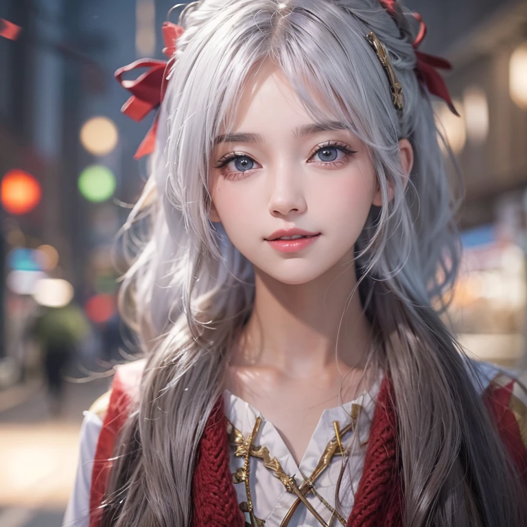 (masterpiece:1.3), (8k, Realistic, RAW Photos, Best image quality: 1.4), Fair-skinned fairy woman、short hair、Cleavage:2.0、Highly detailed face、Attention to detail、double eyelid、Sharp focus:1.2、Beautiful woman:1.4、Silvery white hair、highest quality、masterpiece、Ultra-high resolution、(Realistic:1.4)、Highly detailed and professionally lit smiles、Loose, Light, Wear Japan high school uniform:1.5、Red scarf、 one person、whole body,Cycling through Japanese cities、