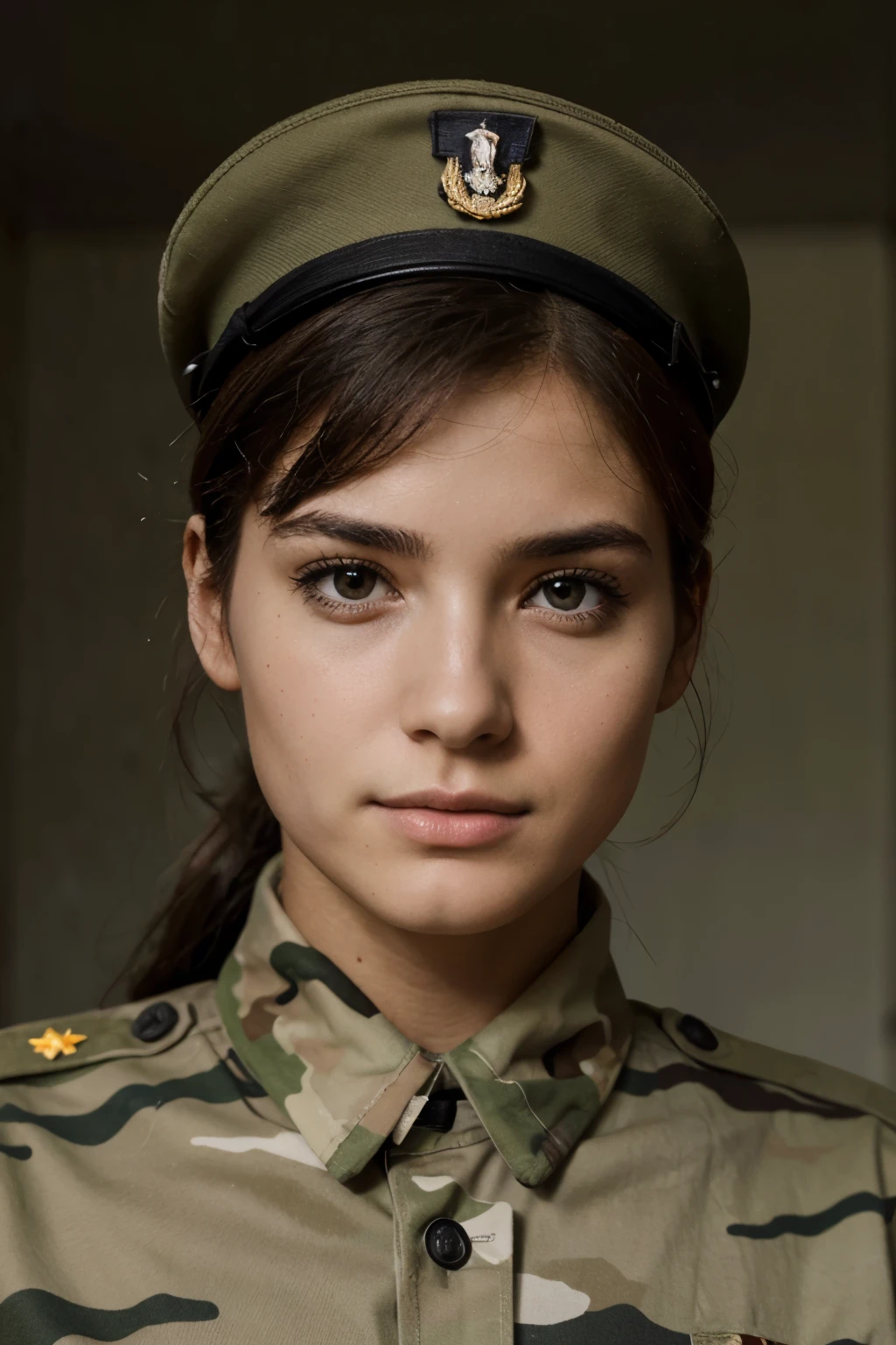 Retrato de uma bela jovem em uniforme militar com camuflagem no rosto. Conceito militar. Woman in the army