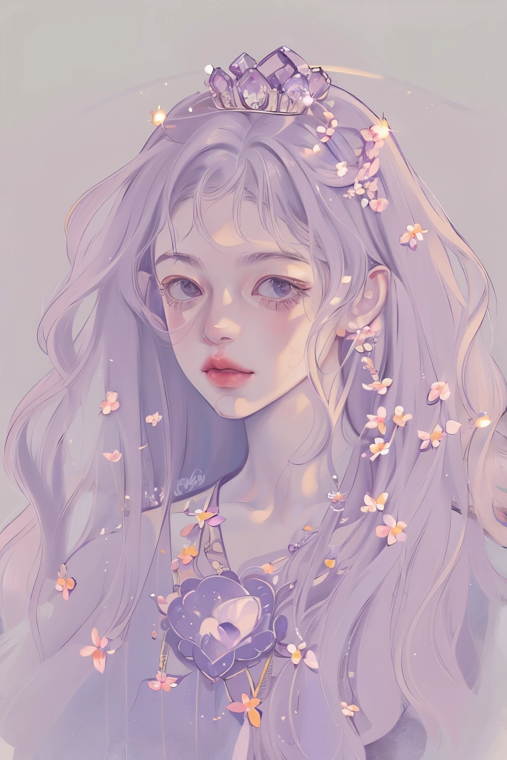 (((masterpiece))), best quality, illustration, 4k wallpaper, light, absurd, 1Portrait of a girl, long hair, Amethyst hair, Glowing hair, bloom hair, Costume princess, Looking forward