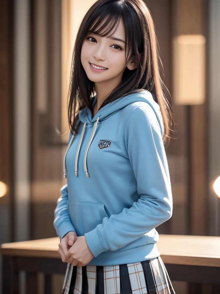 (8k, RAW Photos, highest quality, Tabletop:1.2), (Realistic, Photorealistic:1.4), (Highly detailed 8k wallpaper), Sharp focus, Depth of written boundary, Blur the background, Bokeh, Cinema Lighting, Soft Light, whole body, 1 girl,18 years old famous Japanese idol, Perfect female body, indoor, (Light blue hoodie and black micro mini pleated skirt : 1.3), (Long, slender legs), (smile), Glossy lips, Beautiful fine details,Natural Makeup, Shiny, smooth, light brown medium-long hair, Asymmetrical bangs, Shiny skin, Center image, High resolution, Attention to detail, Detailed hairstyle, Detailed face, 素晴らしいCinema Lighting, Octane Rendering, Vibrant, Ultra-realistic, Perfect limbs, Perfect Anatomy