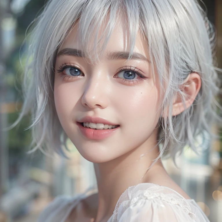 (masterpiece:1.3), (8k, Realistic, RAW Photos, Best image quality: 1.4), Fair-skinned fairy woman、short hair、Cleavage:2.0、Highly detailed face、Attention to detail、double eyelid、Sharp focus:1.2、Beautiful woman:1.4、Silvery white hair、highest quality、masterpiece、Ultra-high resolution、(Realistic:1.4)、Highly detailed and professionally lit smiles、Loose, Light,Japanese high 、 one person、whole body,　I eat breakfast 