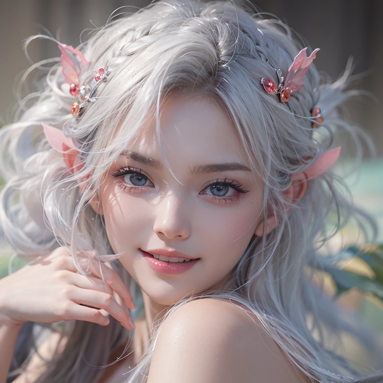 (masterpiece:1.3), (8k, Realistic, RAW Photos, Best image quality: 1.4), Fair-skinned fairy woman、short hair、Cleavage:2.0、Highly detailed face、Attention to detail、double eyelid、Sharp focus:1.2、Beautiful woman:1.4、Silvery white hair、highest quality、masterpiece、Ultra-high resolution、(Realistic:1.4)、Highly detailed and professionally lit smiles、Loose, Light,Japanese high 、 one person、whole body, I eat breakfast