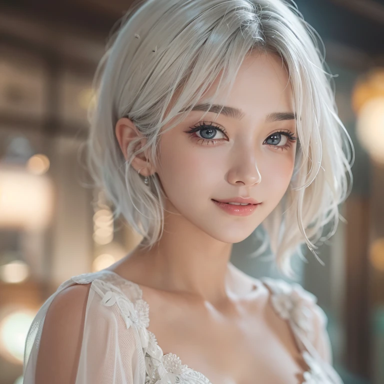 (masterpiece:1.3), (8k, Realistic, RAW Photos, Best image quality: 1.4), Fair-skinned fairy woman、short hair、Cleavage:2.0、Highly detailed face、Attention to detail、double eyelid、Sharp focus:1.2、Beautiful woman:1.4、Silvery white hair、highest quality、masterpiece、Ultra-high resolution、(Realistic:1.4)、Highly detailed and professionally lit smiles、Loose, Light,Japanese high 、 one person、whole body,　I eat breakfast 