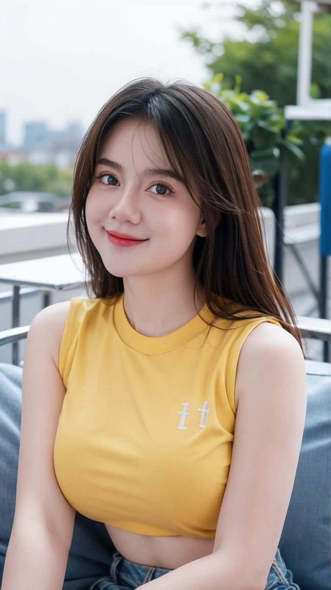 Adorable , Gorgeous , Beautiful , Russian , Smiling , Huge Breasts , 25 Years Old , White Skin , Yellow Crop Top , ((Bokeh:1.1)) , Blue Eye , ((Morning:1.3)) , on rooftop cafe , sit on blue sofa , in front of viewer , HDR , Ultra Detailed , EF 24-70mm f/2.8L II USM