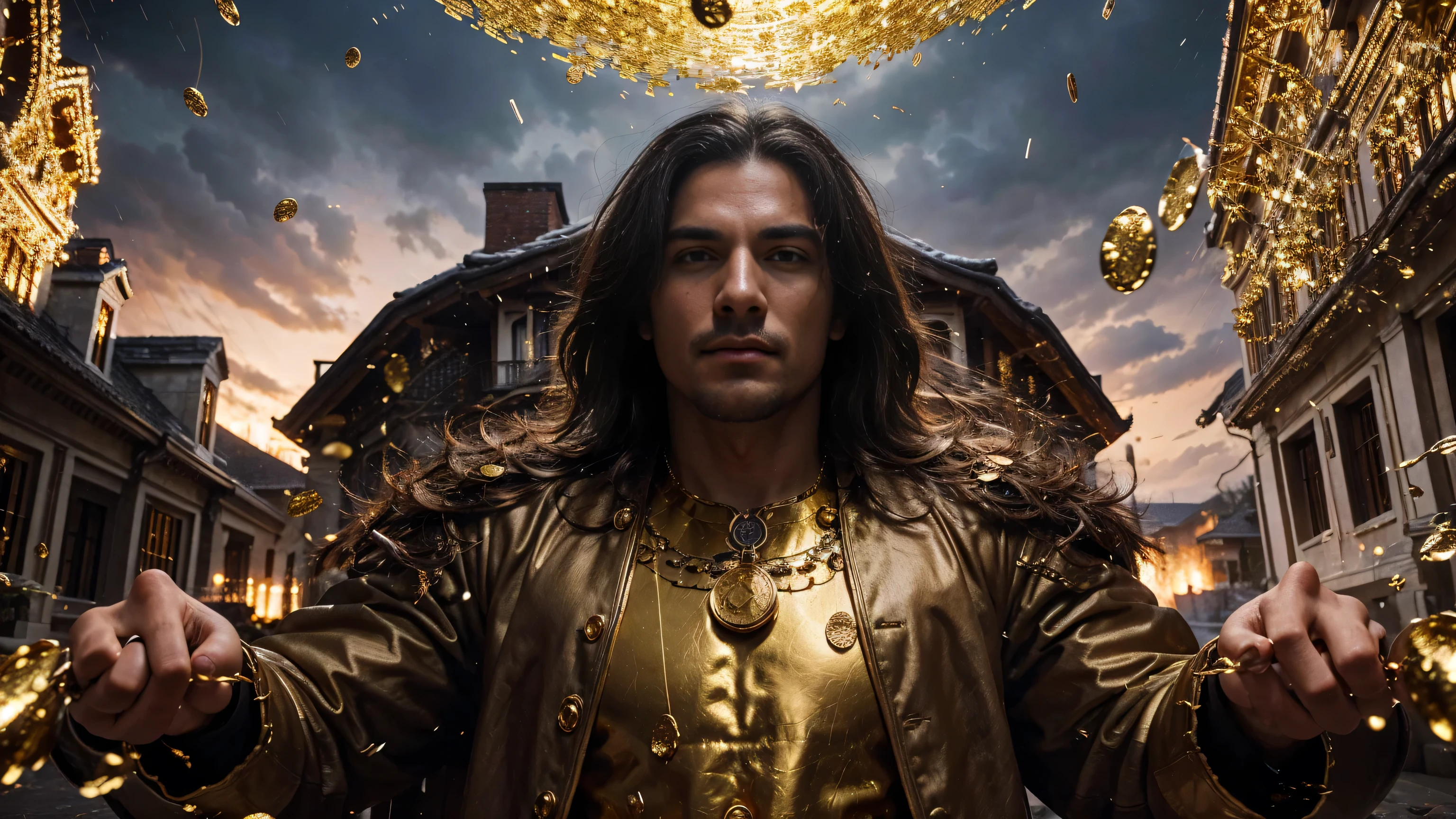 a man in front of a mansion full of gold coins falling from the sky, ultra detailed image, realism, 8k, hyper detailed skin, intense and vivid colors.