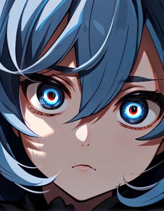 Close-up of (anime character:1.3), (intense gaze:1.2), (dual-coloured eyes:1.3) with one eyes, curly blue long hair, brows, (cute expression:1.2), shadowed face, (black dress:1.1), visible blood left eyebrow, high-detail digital illustration, (dark background:1.1), anime style, cute demeanor