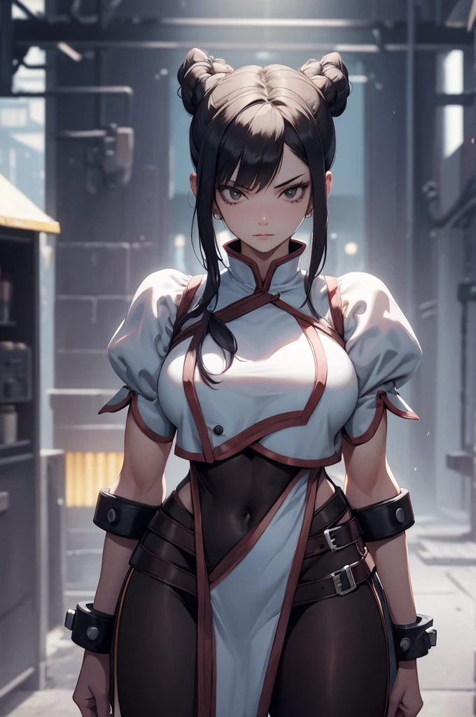 beautiful young female warrior fighter with cat ears on her head, com rosto bem detalhado e bonito, belos olhos, belos olhos, rosto lindo, beautiful young woman wearing long brown leggings with black details, sueter apertado branco, standing in a castle, usando bota preta, cabelo comprido com franja preto, ,orelhas de gato, belo sorriso, tomboy, um pouco musculosa,suter branco com cinta em volta, olhar serio,usando jaqueta de couro apertado preto, com ombreiras de prata nos ombros