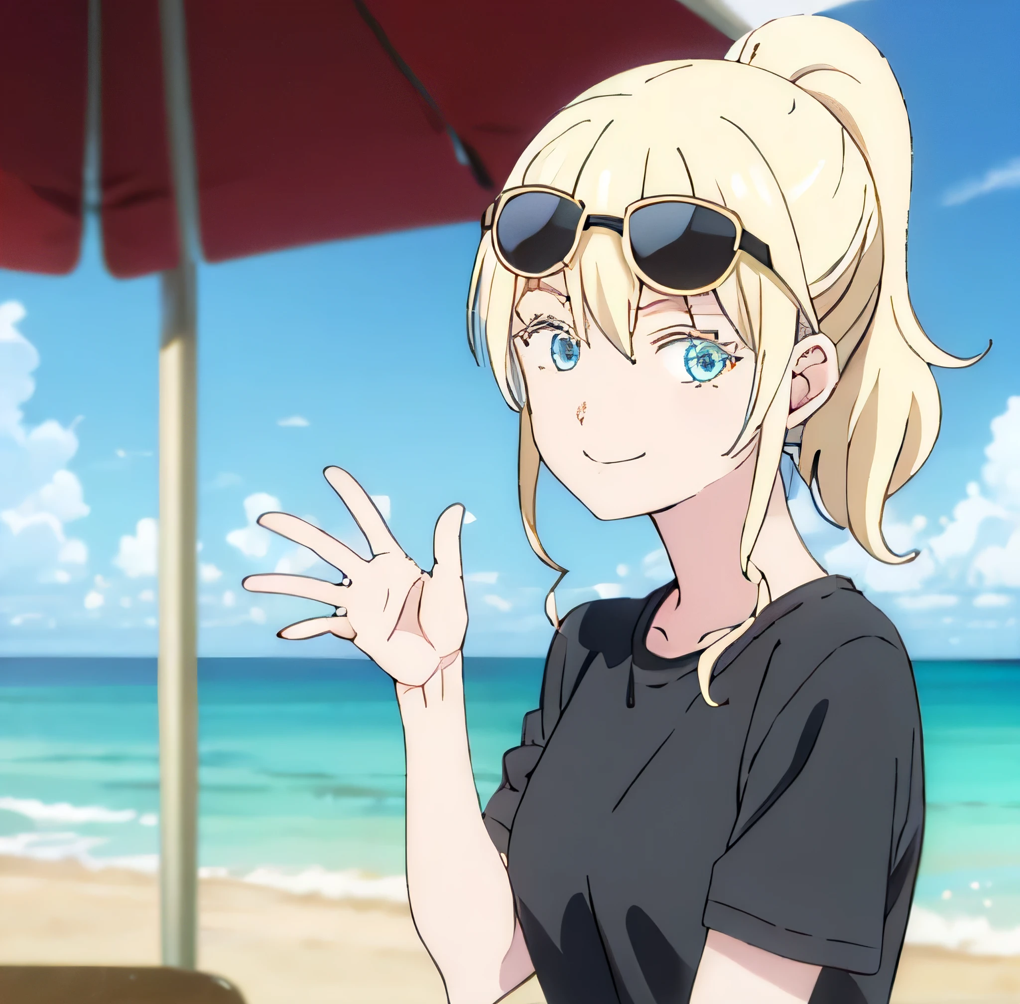 OLIVIA, , 1girl, solo, facing viewer, looking at viewer, upper body, ponytail, smile, wear black sunglasses, on the beach, wear black t-shirt