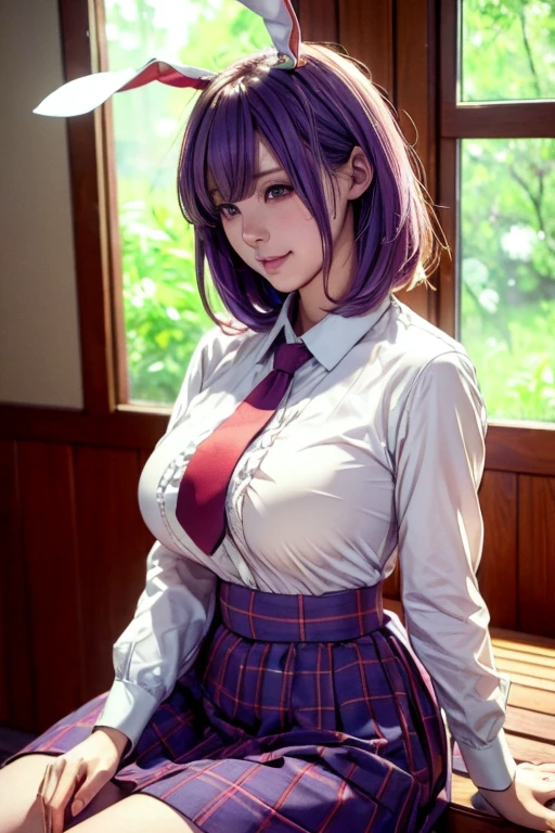 sit in Sauna room , steam , waistband of skirt is at the point above chest , plaid skirt , pleated skirt , Tight shirt , white Shirt , school girl , skirt under breasts , skirt is near breasts area , skirt is adjacent to the chest , (masterpiece, best quality, hires, high resolution:1.2, 4k, 8k , high quality), extremely detailed, realistic, intricate details, highres, 1girl, solo, (large breasts, thick thighs, wide hips), arched back,(cinematic lighting, sunlight, perfect lighting, backlighting), eye-level shot, extreme close-up-shot, looking at viewer, , green skirt nakano_yotsuba_ecsta, blue eyes, orange hair, hair ribbon, nakano yotsuba, short hair, green ribbon, hair between eyes , big breasts , big tits , masterpiece, best quality, 1girl,smile,reisen udongein inaba, purple hair,very long hair, rabbit ears, red eyes,black jacket,pink skirt,necktie,