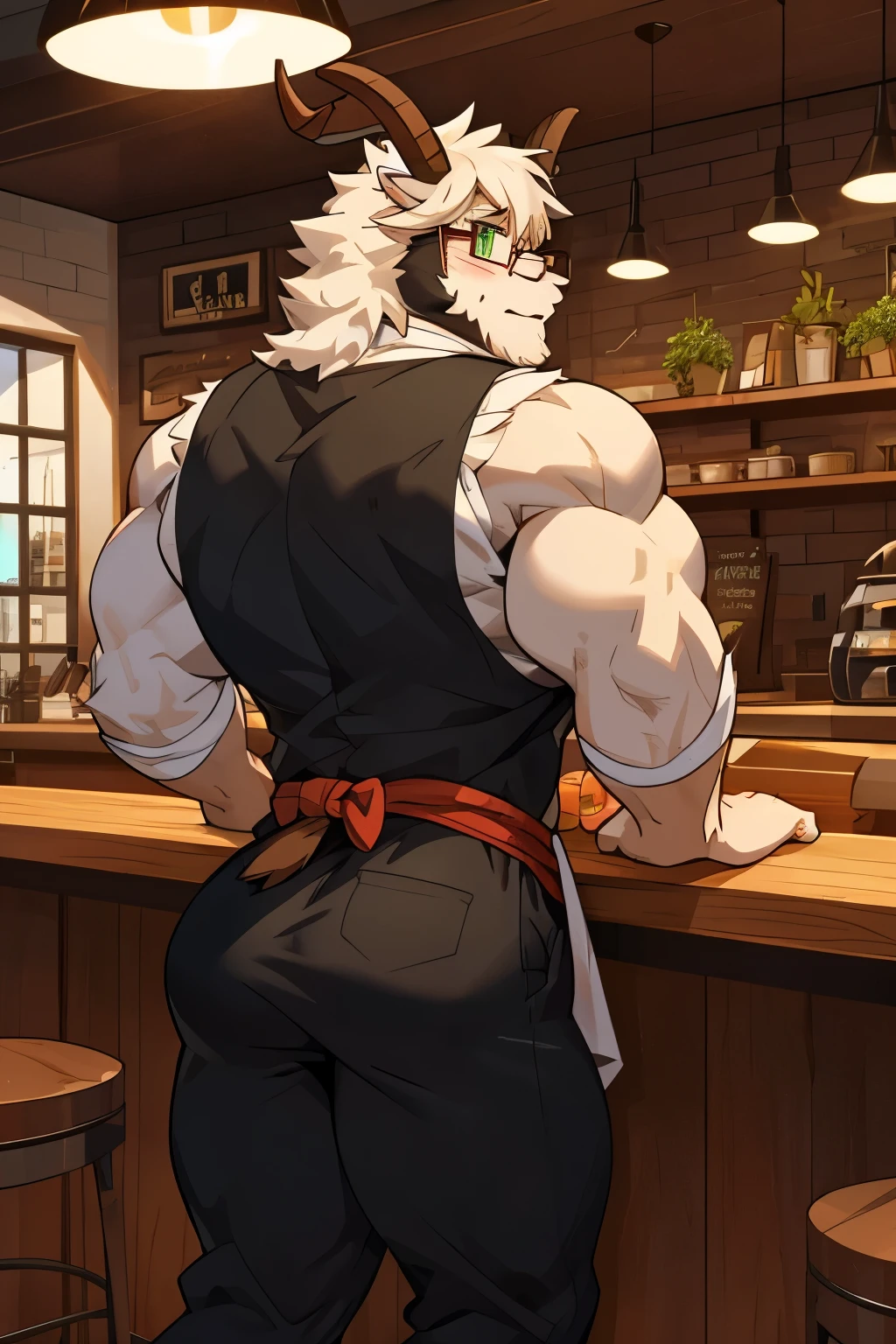 (Best quality: 1.0), (Super High Resolution: 1.0), (masterpiece, best quality:1.2), detailed, detailed hands, detailed eyes, score_9, score_8_up, score_7_up, furry, anthro, ((dragon)), ((solo)), grandpa, (about 70 years old), (manly), horns, handsome face, huge, bangs, white beard, beard above mouth, fluffly fur, nipples, looking pleasured, sexually, sexy pose, SFW, coffee shop, (apron), nude, bulge, flaccid, in heat, panting, sweat, sweaty, musk, (skinny, shy), hands touching, (looking at viewer, shy), blushes:0.3, close up view, (by bebebebebe, by syuro)