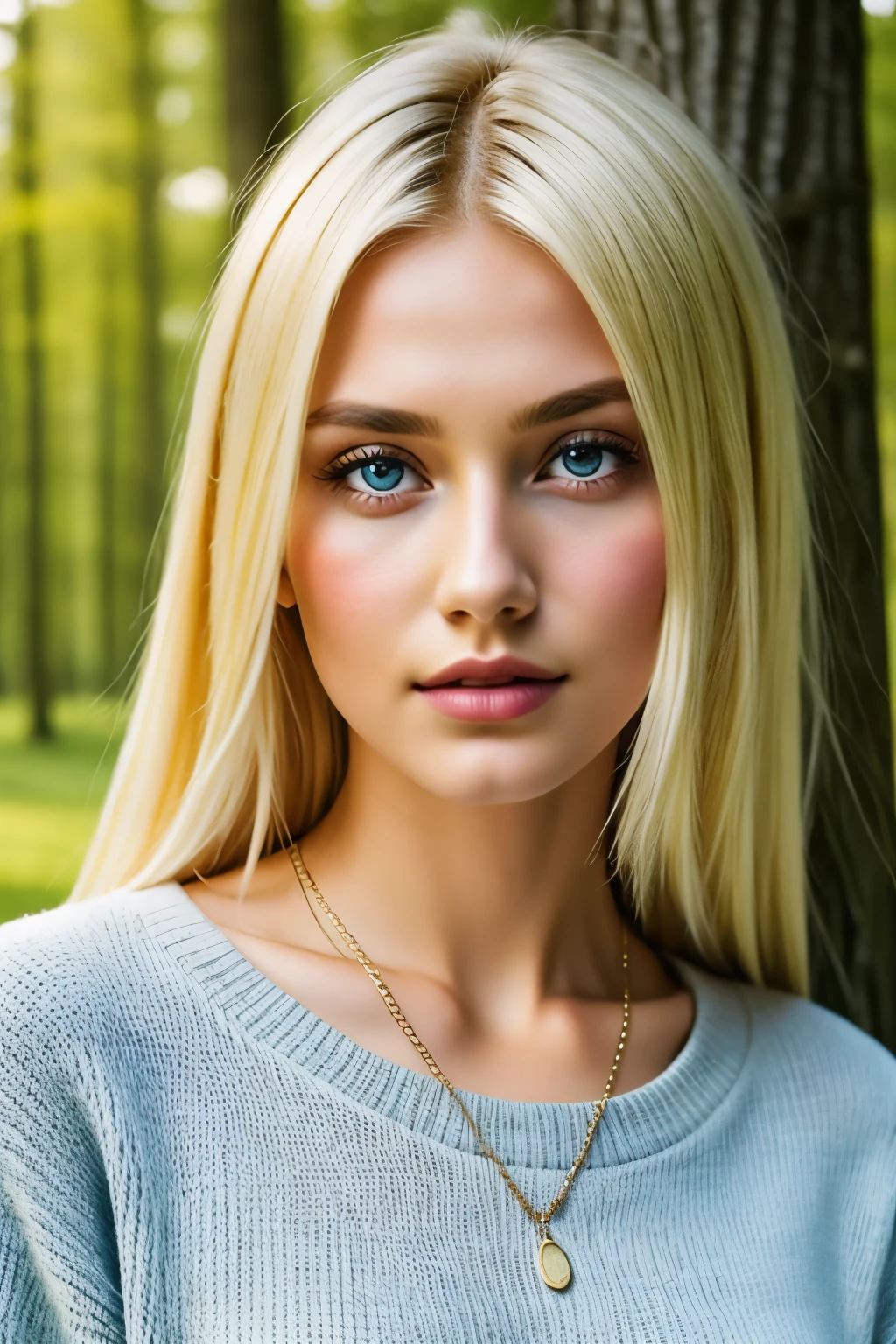 One Girl, 19 years old, alone, Long Hair, huge , View Viewer, Blonde, Small Bust, Detailed eyes, Upper Body, necklace, sweater, Outdoor, Realistic, sexy