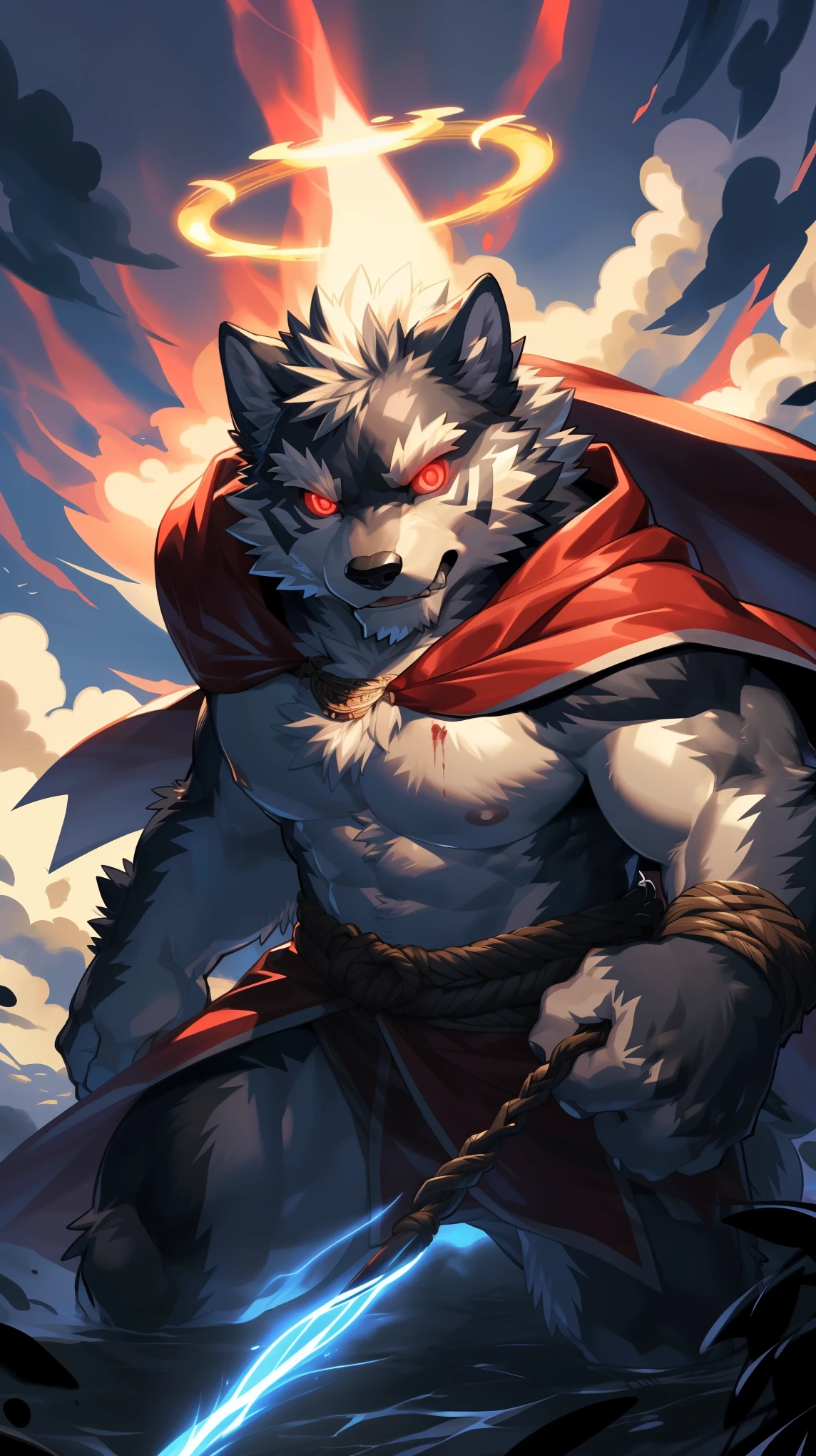 (Dynamic poses:1.6), (ultra deTailed), Clear focus, Niji, Eye contact, (glowing red eyes:1.4), hairy, (Gray-black fur:1.3), White beard, anthropology (Wolf), male, middle aged, White belly, Tail, muscular, (knight clothing, Cherry red long cape), ultra deTailed face, high deTails, high quality, (best quality,4k,8K,High resolution,masterpiece:1.2),Bright colors, (close up:1.5), author：Takemoto Arashi, By Camille, From milkytiger1145, by 69panda, Dark Souls boss style, Energy explodes around the body,(Red Halo:1.3),Bloodstained,Dynamic Lighting,Ominous atmosphere,Eerie fog,The existence of threats,Full of horror atmosphere,Dark and Tortured Souls, (enchanted deTail of colors), 8K wallpaper, yang08K, Looking at the audience with fierce eyes