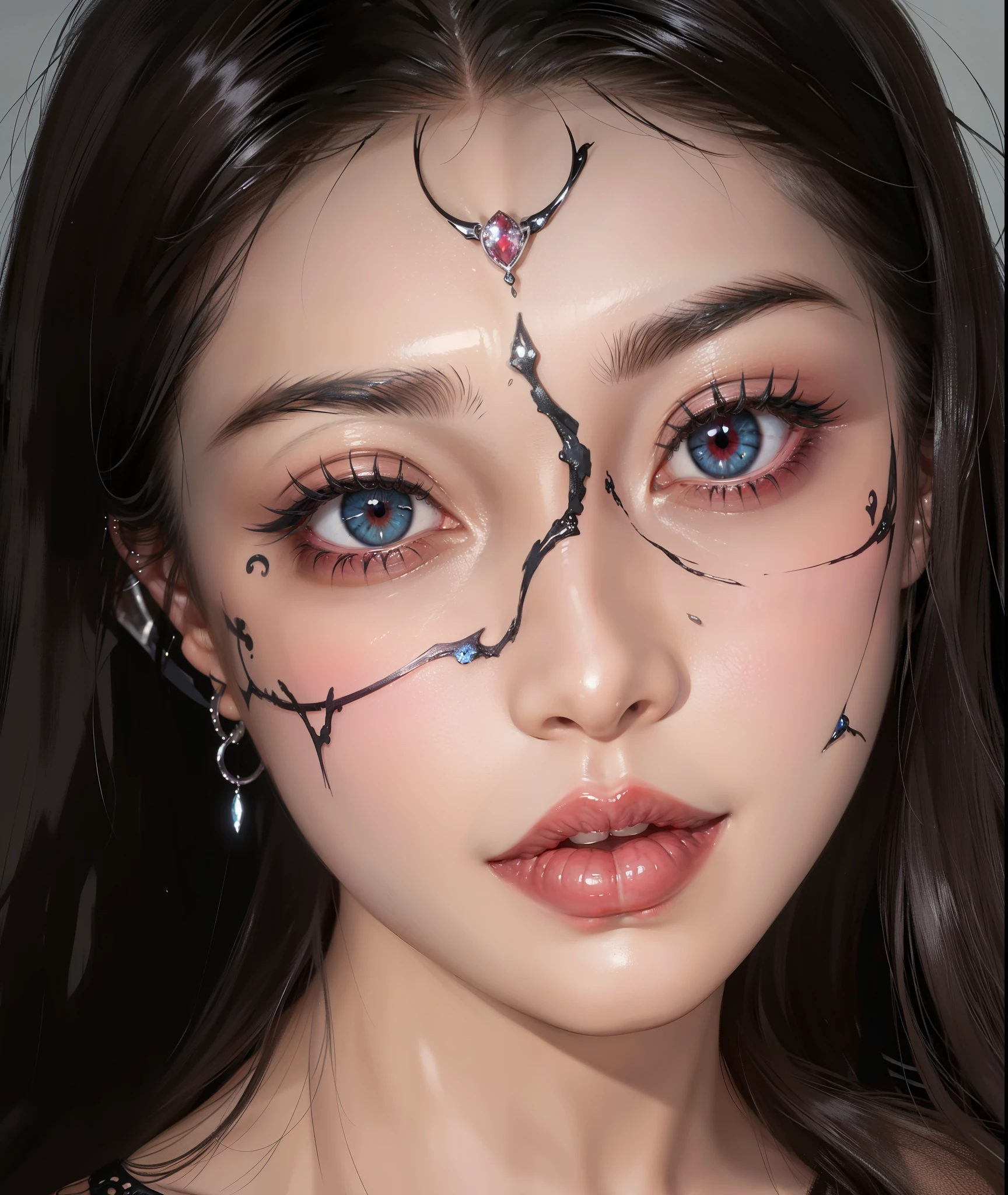 NSFW style,Delicate gloss,Box full of swords images,wing, Succubus Theme,Fallen Angel,Excellent,scary,Secret Terror,Tentacles,With eyes,Uncanny Valley Effect,Beast Blood Moon,skeleton,Hellfire,Demon Angel,Silver jewelry,Sapphire eyes,Gorgeous colorful makeup,There are tattoos on the body,Gorgeous Demon Crown,Luxurious diamond necklace,Queen,There are painted faces,Blue pupils