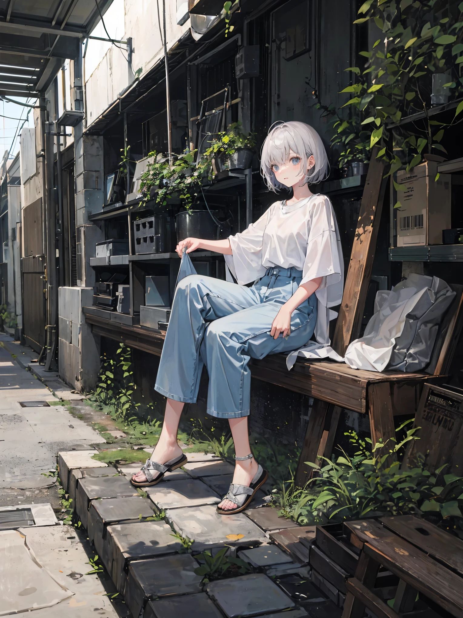 Woman sitting on chair in black top and jeans, Baggy pants, dressed with long fluent clothes, wearing a long flowy fabric, casual clothing style、 wearing a baggy, multilayered outfit, Silver and muted colors, Relaxed style, grey Clothes, Pants, baggy, Gray skin. grunge, Styling、Ruins、Buildings eroded by vegetation,hi-school girl、military outfits