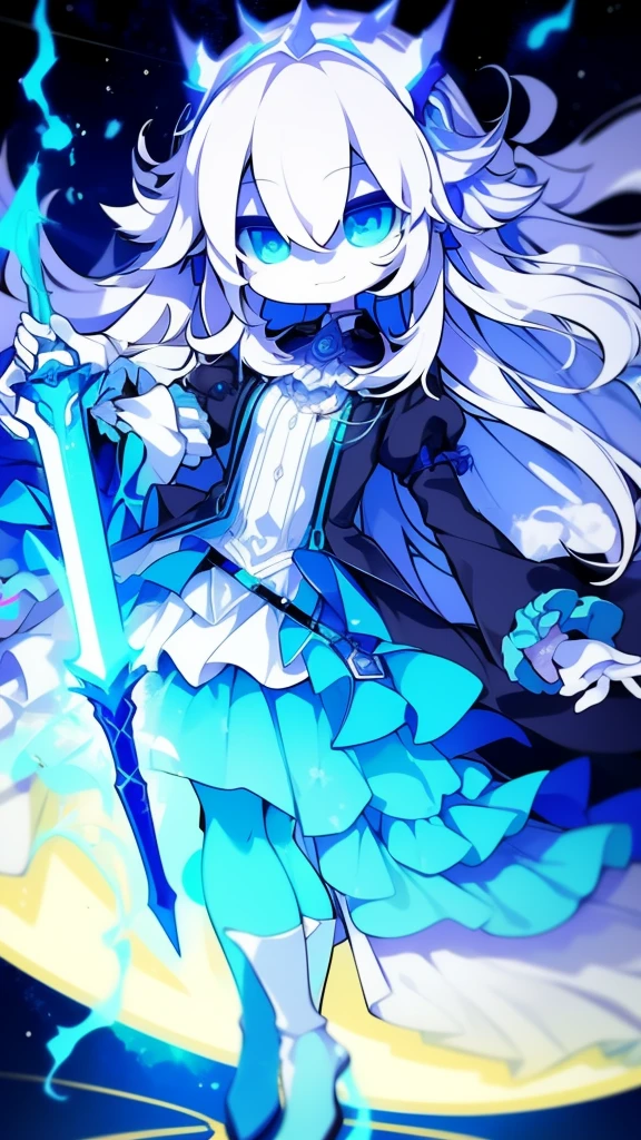  girl，k hd，4K，face expressionless，style of anime，sideface，blue color eyes，white color hair,((full body)),Confused eyes,(default character)SD character, masterpiece,best quality,ultra detailed,4K,super fine illustration,highly detailed beautiful face and eyes,cyan color scheme, lighting,fantasy,extremely solemn atmosphere,long hair,floating hair,smirk,fighting stance,dynamic pose,(holding glowing sword:1.3),particle light,luminescence,plasma,electric current,blue flame,sense of depth,dynamic angle,