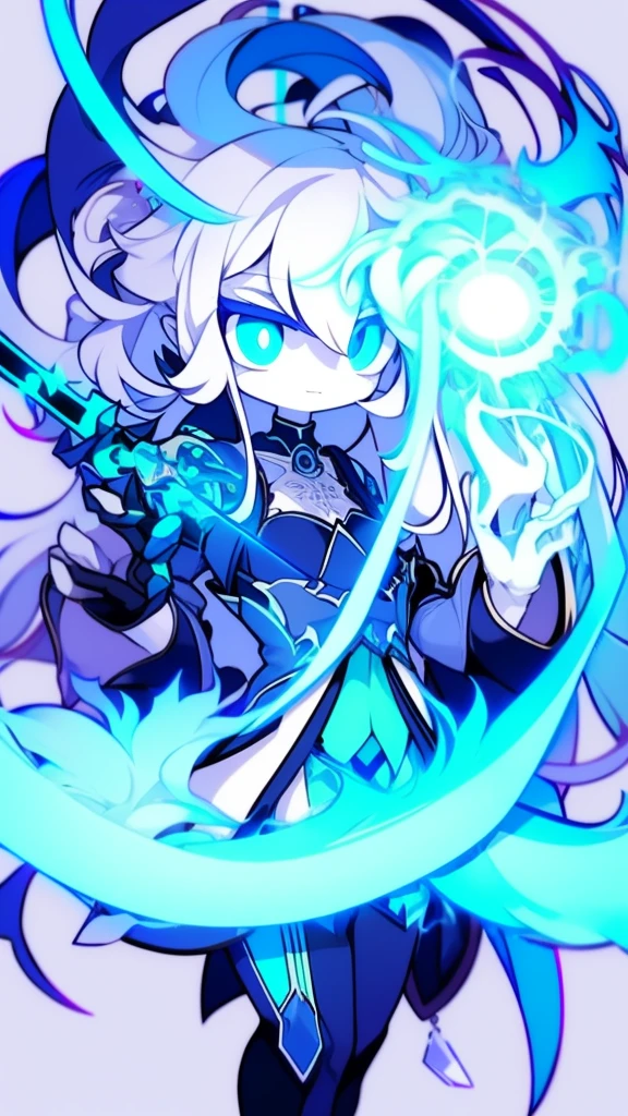  girl，k hd，4K，face expressionless，style of anime，sideface，blue color eyes，white color hair,((full body)),Confused eyes,(default character)SD character, masterpiece,best quality,ultra detailed,4K,super fine illustration,highly detailed beautiful face and eyes,cyan color scheme, lighting,fantasy,extremely solemn atmosphere,long hair,floating hair,smirk,fighting stance,dynamic pose,(holding glowing sword:1.3),particle light,luminescence,plasma,electric current,blue flame,sense of depth,dynamic angle,