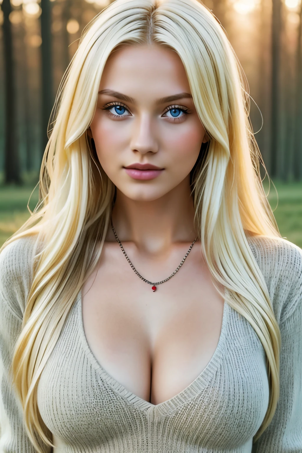 One Girl, 19 years old, alone, Long Hair, huge , View Viewer, Blonde, Small Bust, Detailed eyes, Upper Body, necklace, sweater, Outdoor, Realistic, sexy