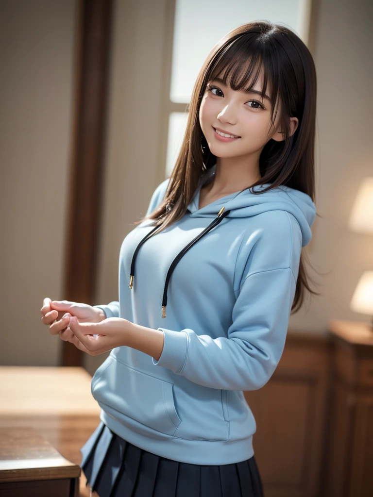 (8k, RAW Photos, highest quality, Tabletop:1.2), (Realistic, Photorealistic:1.4), (Highly detailed 8k wallpaper), Sharp focus, Depth of written boundary, Blur the background, Bokeh, Cinema Lighting, Soft Light, whole body, 1 girl,18 years old famous Japanese idol, Perfect female body, indoor, (Light blue hoodie and black micro mini pleated skirt : 1.3), (Long, slender legs), (smile), Glossy lips, Beautiful fine details,Natural Makeup, Shiny, smooth, light brown medium-long hair, Asymmetrical bangs, Shiny skin, Center image, High resolution, Attention to detail, Detailed hairstyle, Detailed face, 素晴らしいCinema Lighting, Octane Rendering, Vibrant, Ultra-realistic, Perfect limbs, Perfect Anatomy