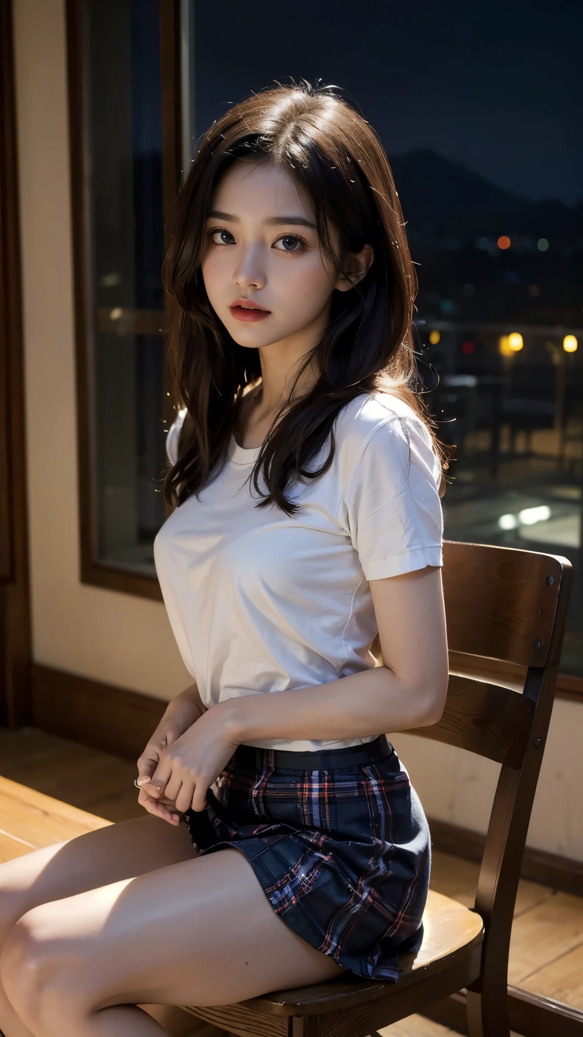 8k, Raw photo, highest quality, masterpiece:1.2), masterpiece, highest quality, figure, Very detailed, Fine details, High resolution, 8k,wallpaper, Perfect dynamic composition,(Detailed high quality, Realistic depiction of eyes:1.3)、A woman who has been and has her hands tied、Arms wrapped around his back, hands tie behind back, Put duct tape over your mouth、Inside a beautiful hotel room at night、Sitting in a chair、Outside the window is a night view、 With legs wide open、White panties are visible、Blue Short Sleeve Blouse、Tartan plaid pleated skirt、whole body、The whole thing faces forward、21Talented talent、Beauty、Well-formed face、Make your eyes even、Beautiful black hair、Has bangedium build、Well-balanced proportions、Beautiful legs、Fresh face、Beautiful scenery、